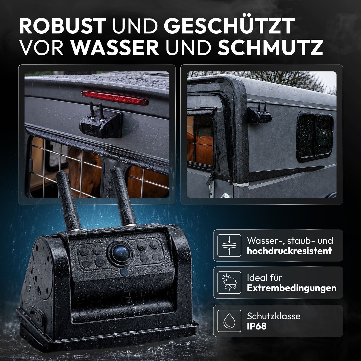 Wasserdichte, robuste Überwachungskamera für den Außeneinsatz mit zwei Antennen.