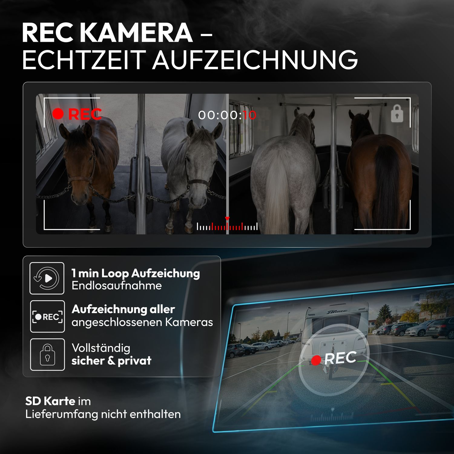 Echtzeit-Aufzeichnungskamera zeigt Pferde im Anhänger und Rückansicht auf Bildschirm mit Hinweisen.
