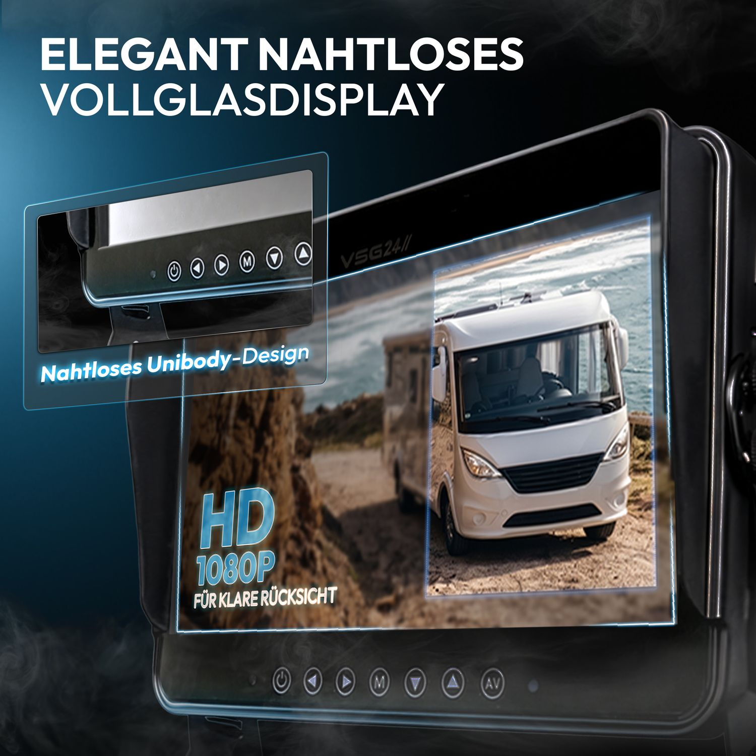 Ein HD 1080P Rückfahrmonitor mit weißem Wohnmobil auf dem Display und integrierten Tasten am unteren Rand.
