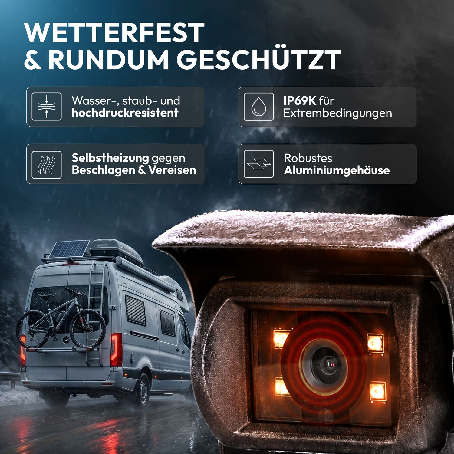 Wetterfeste Kamera im Vordergrund mit einem Wohnmobil im Hintergrund.
