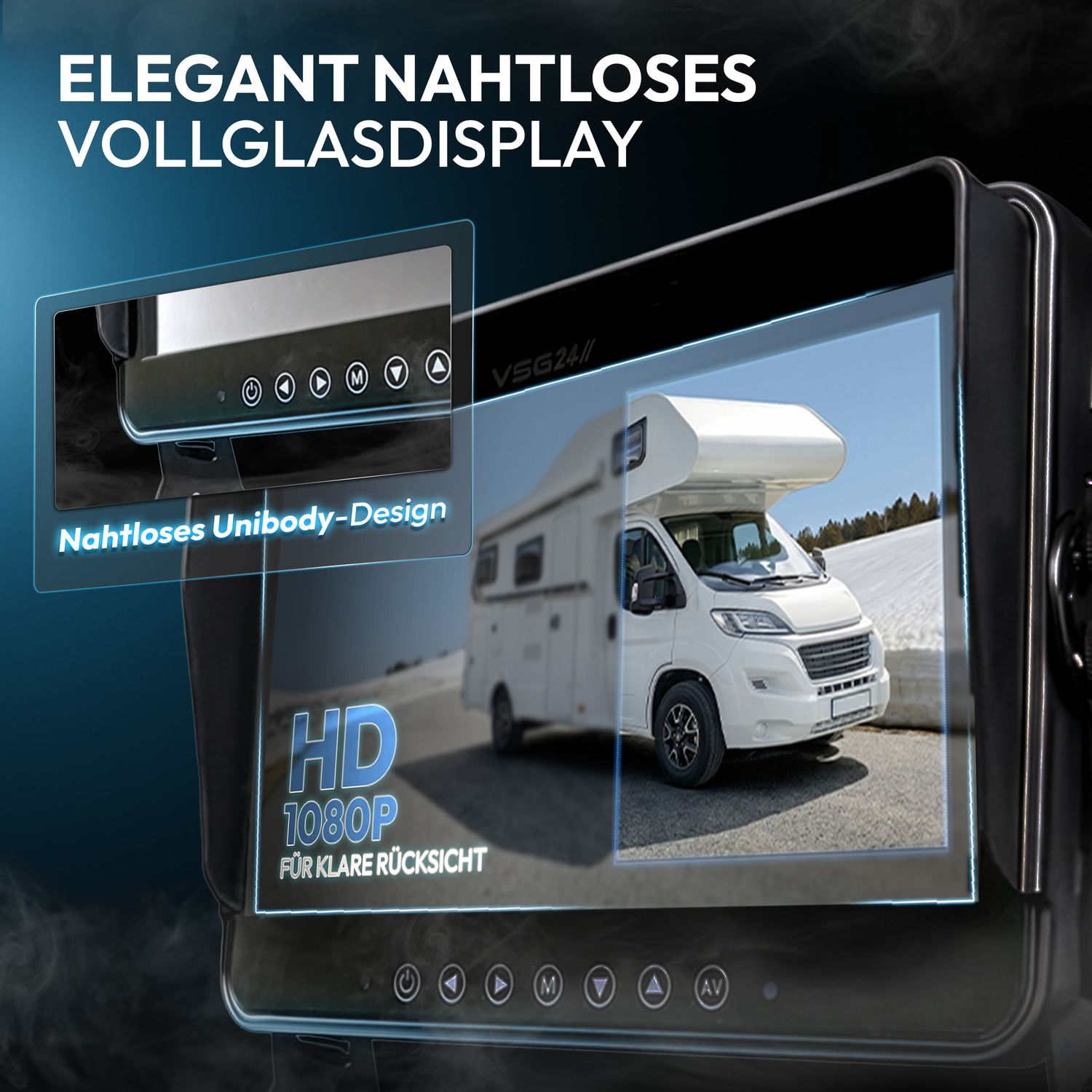 Ein HD-Monitor zeigt ein Wohnmobil, mit einem Unibody-Design-Inlay und dem Text 'ELEGANT NAHTLOSES VOLLGLASDISPLAY'.