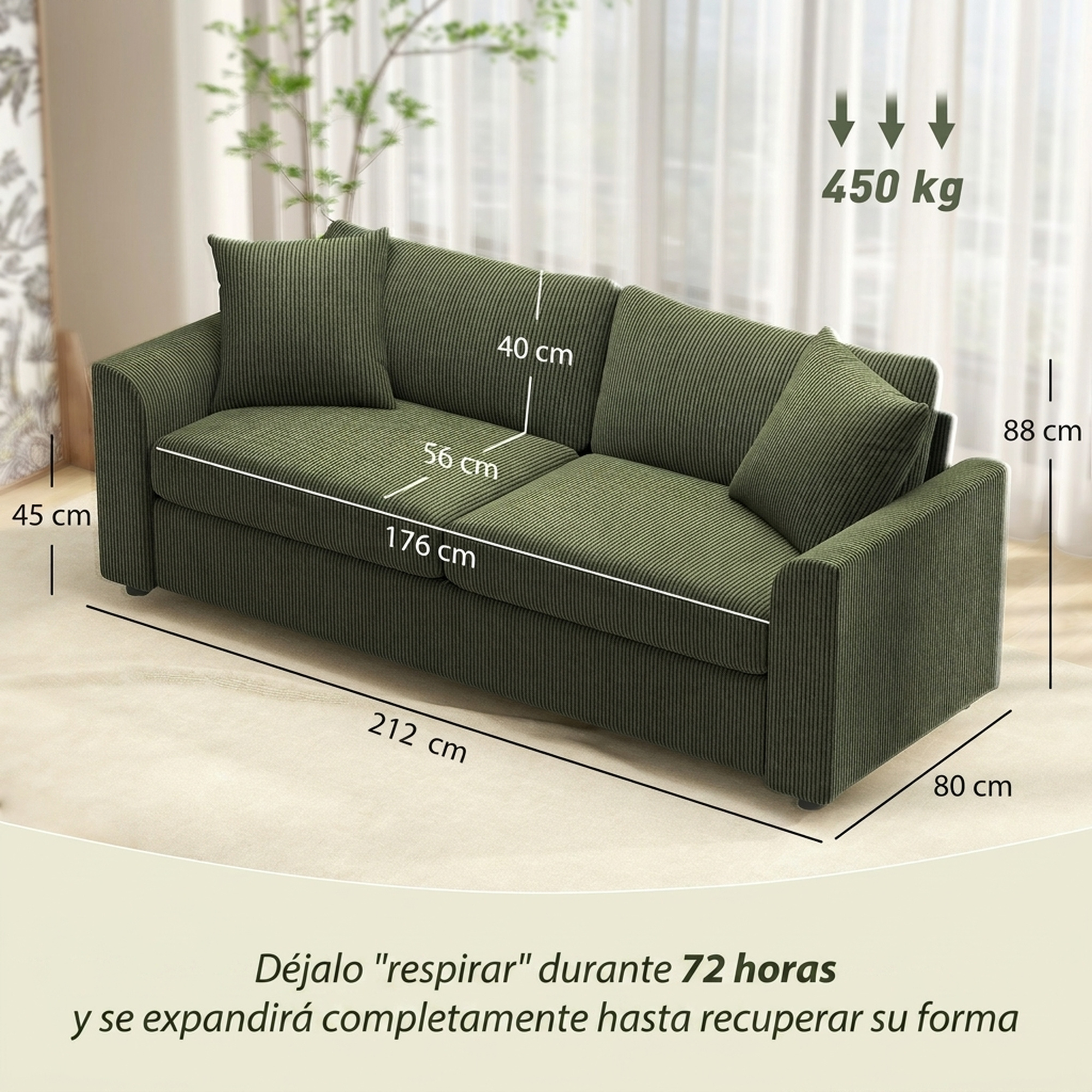  Sofa de pana verde con cojines y medidas frente a una cortina clara.