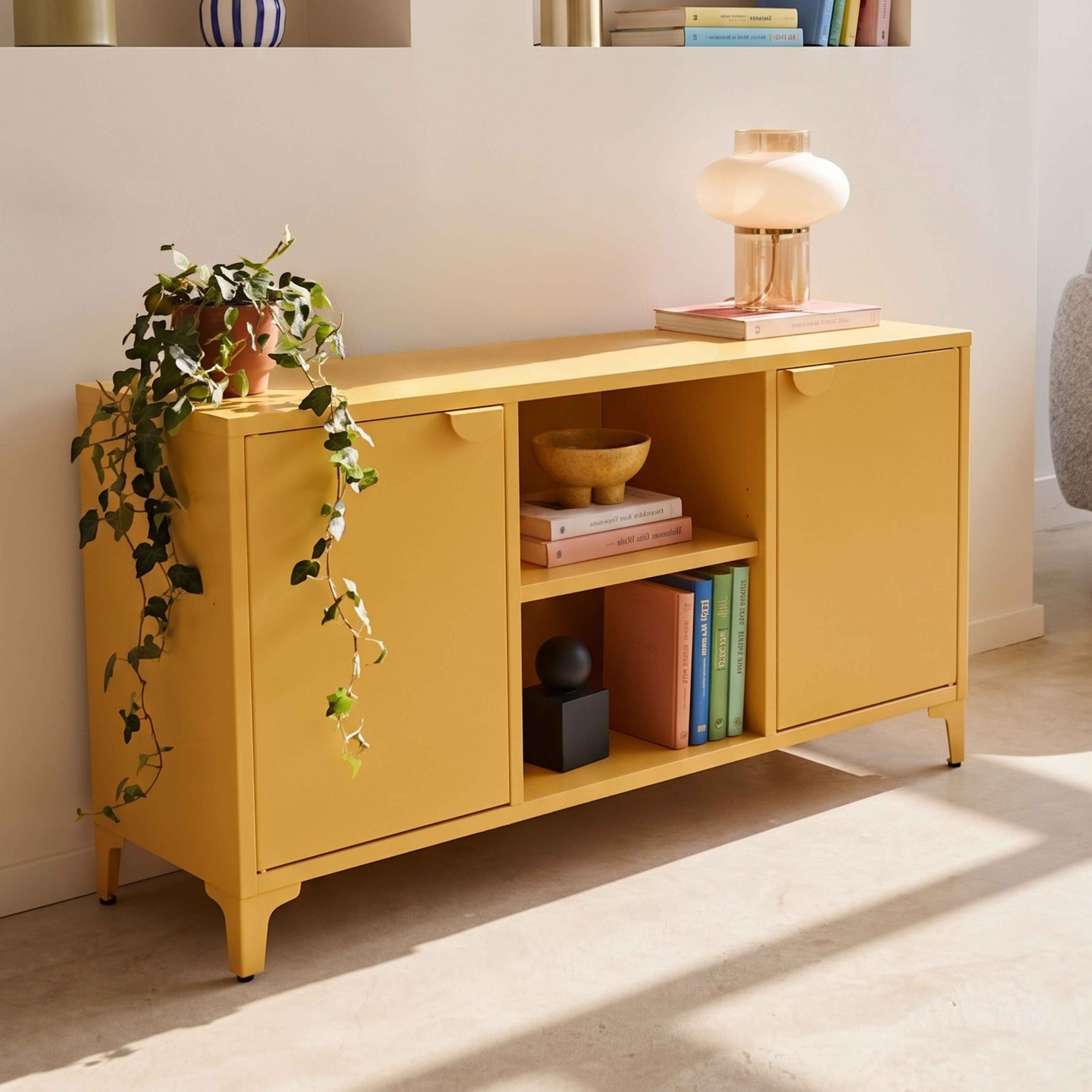 Ein senfgelbes Sideboard mit Pflanzen, einer Lampe und Büchern steht auf einem beigen Boden.