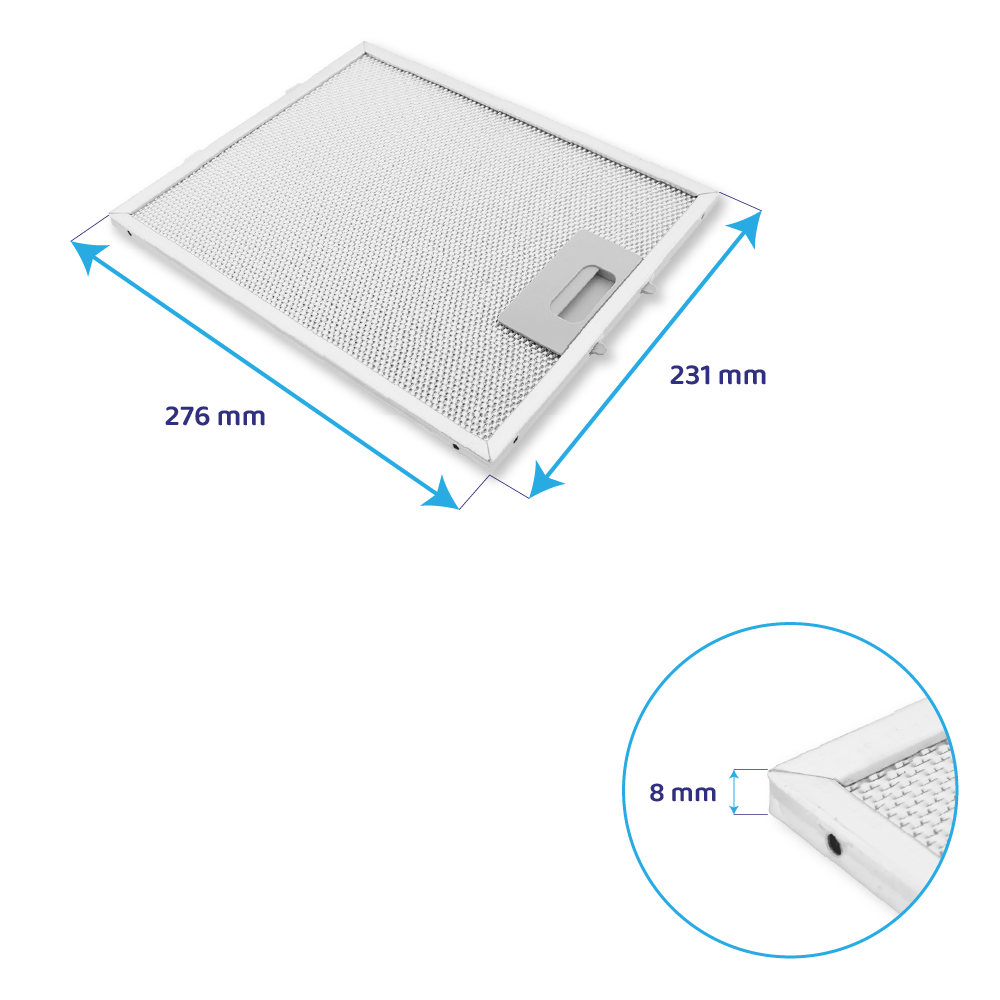 Ein rechteckiger Metallfettfilter mit den Maßen 276 mm x 231 mm und 8 mm Dicke, mit einem zentralen Griff.