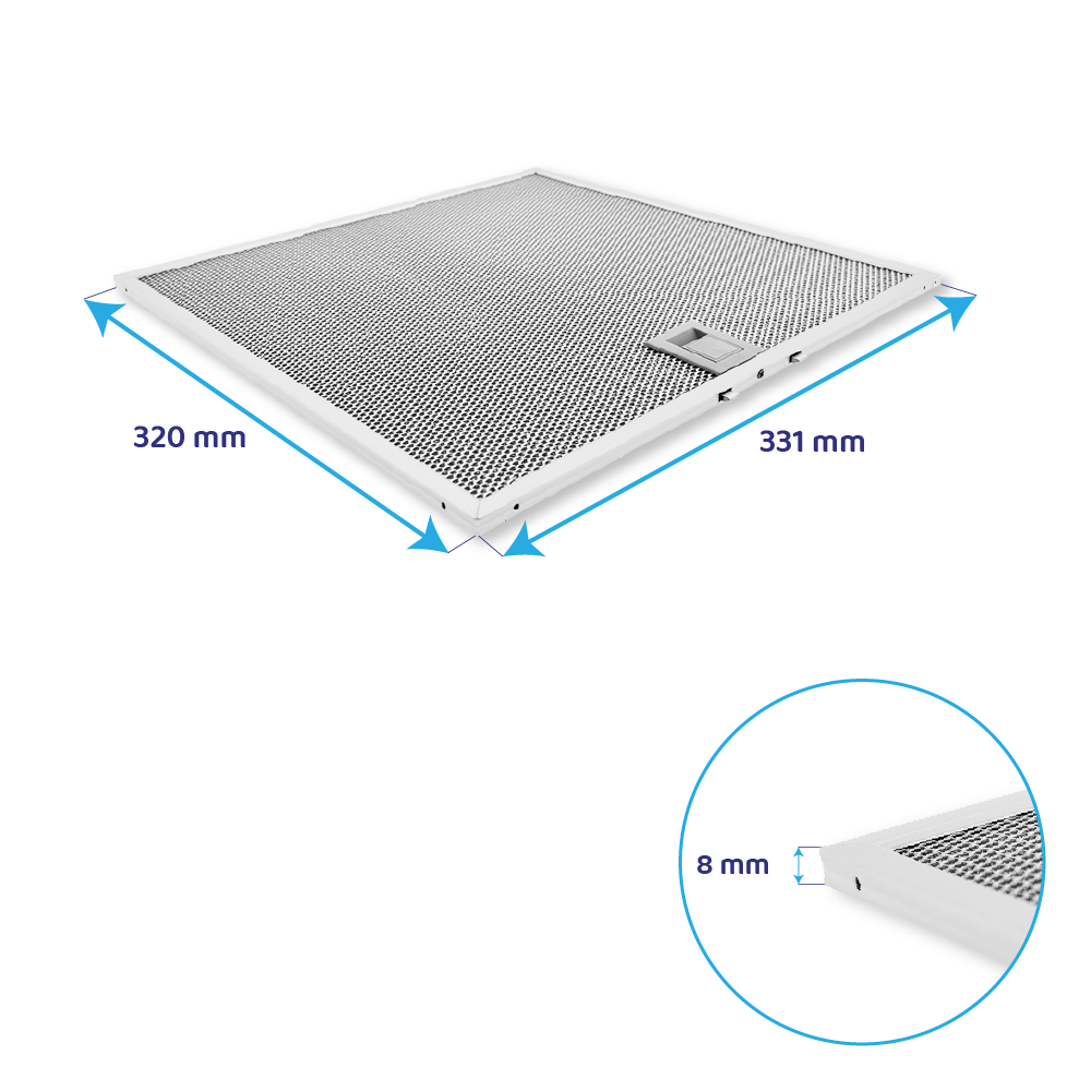 Quadratischer Metallfettfilter mit 320 mm mal 331 mm und 8 mm Dicke auf weißem Hintergrund.