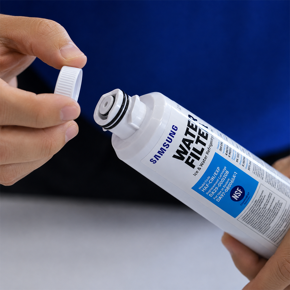 Una persona tiene in mano un filtro per acqua Samsung, svitando il tappo bianco.