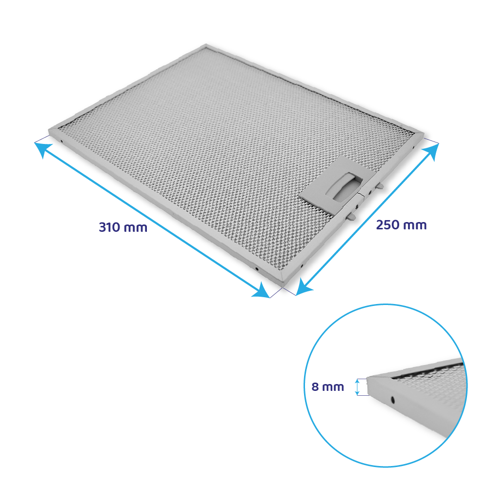 Ein rechteckiger Metallfettfilter mit den Maßen 310 mm mal 250 mm und einer Dicke von 8 mm.