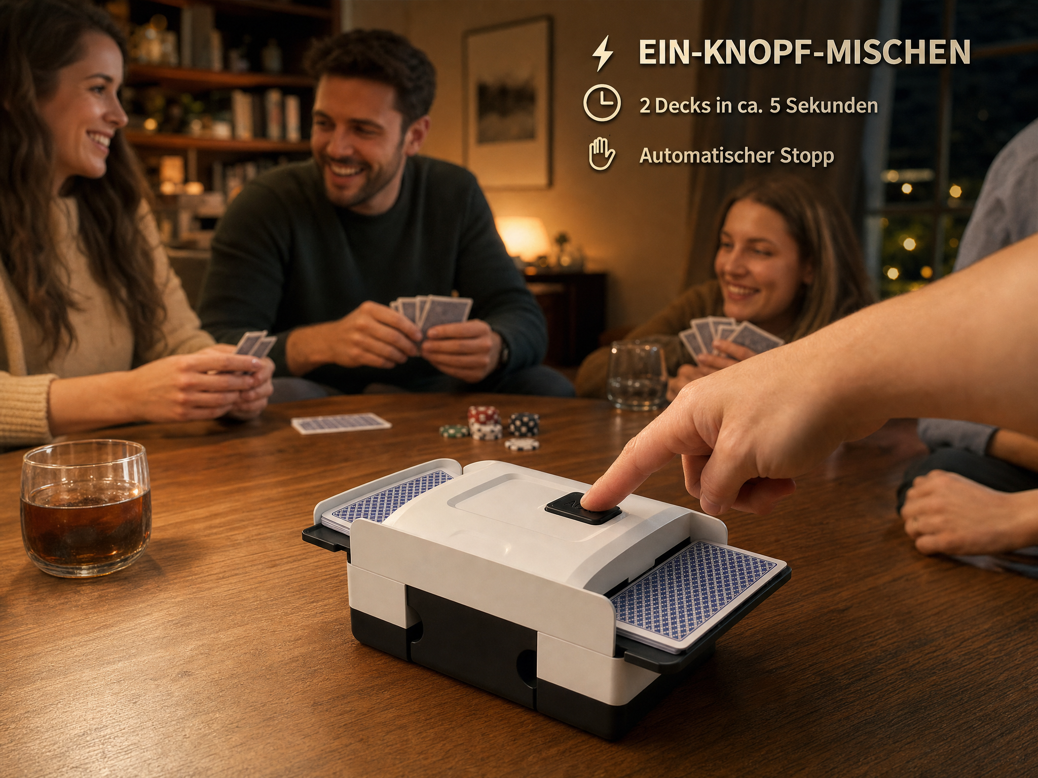 Eine Person drückt den Startknopf einer automatischen Kartenmischmaschine an einem Holztisch mit spielenden Freunden.