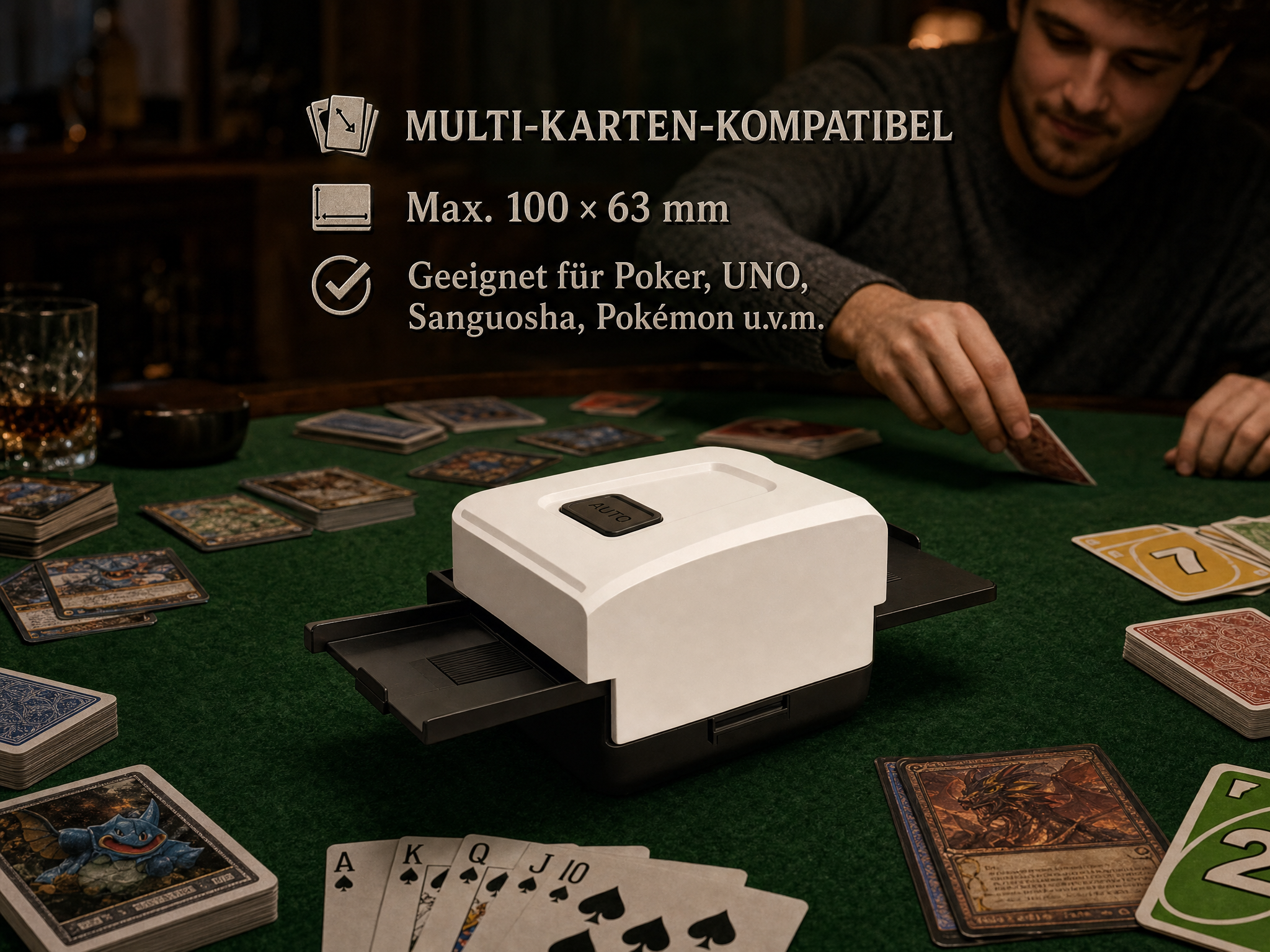 Ein weißer automatischer Mischer auf einem grünen Filztisch, umgeben von Spielkarten.