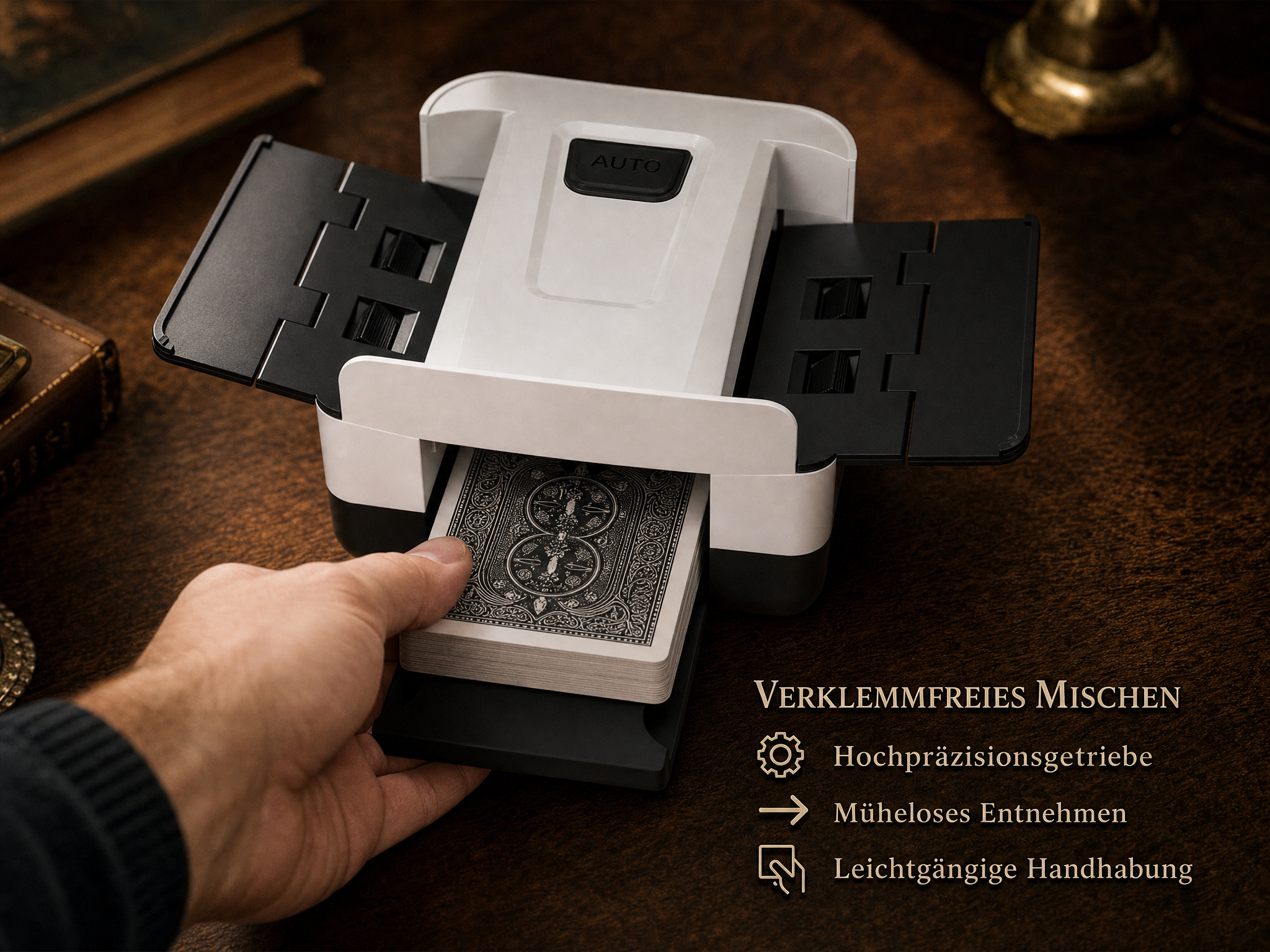 Eine Hand zieht einen Kartenstapel aus einer weißen automatischen Kartennischmaschine auf einem Holztisch.