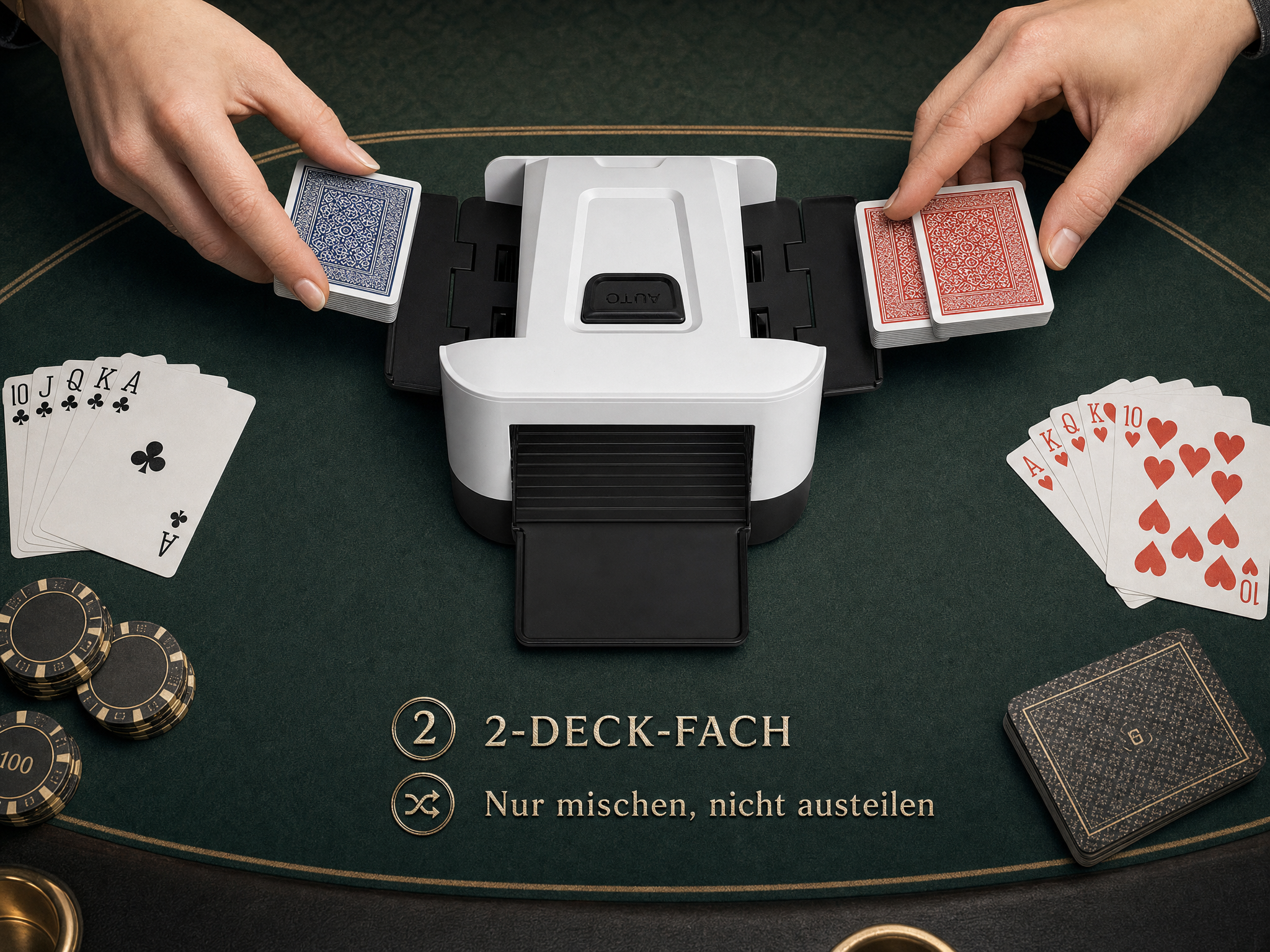 Eine automatische Kartenschleifmaschine auf grünem Filz mit Händen, die Karten einlegen, und Pokerchips.