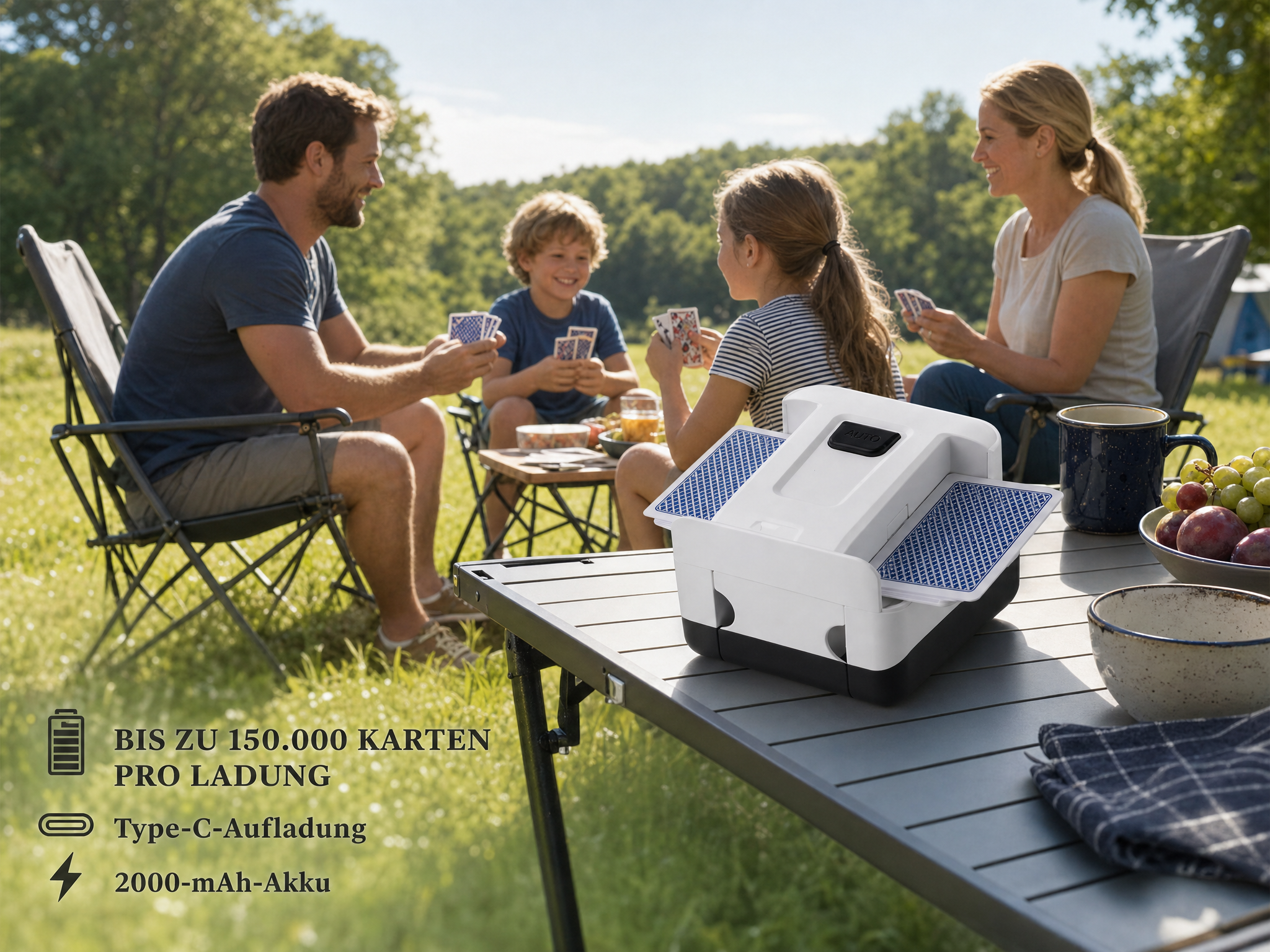 Ein weißer Kartenschlitten steht draußen auf einem Tisch, während eine Familie im Hintergrund Karten spielt.