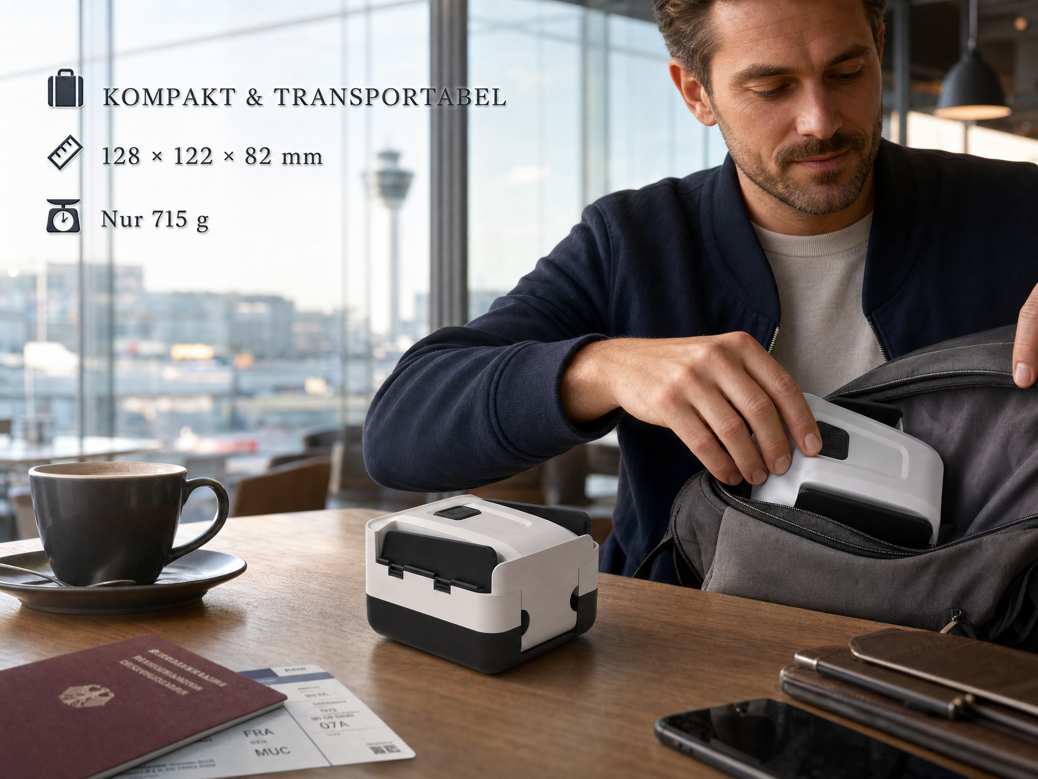 Mann packt kompaktes weißes Gerät in eine Tasche auf einem Holztisch mit Kaffee und Pass.