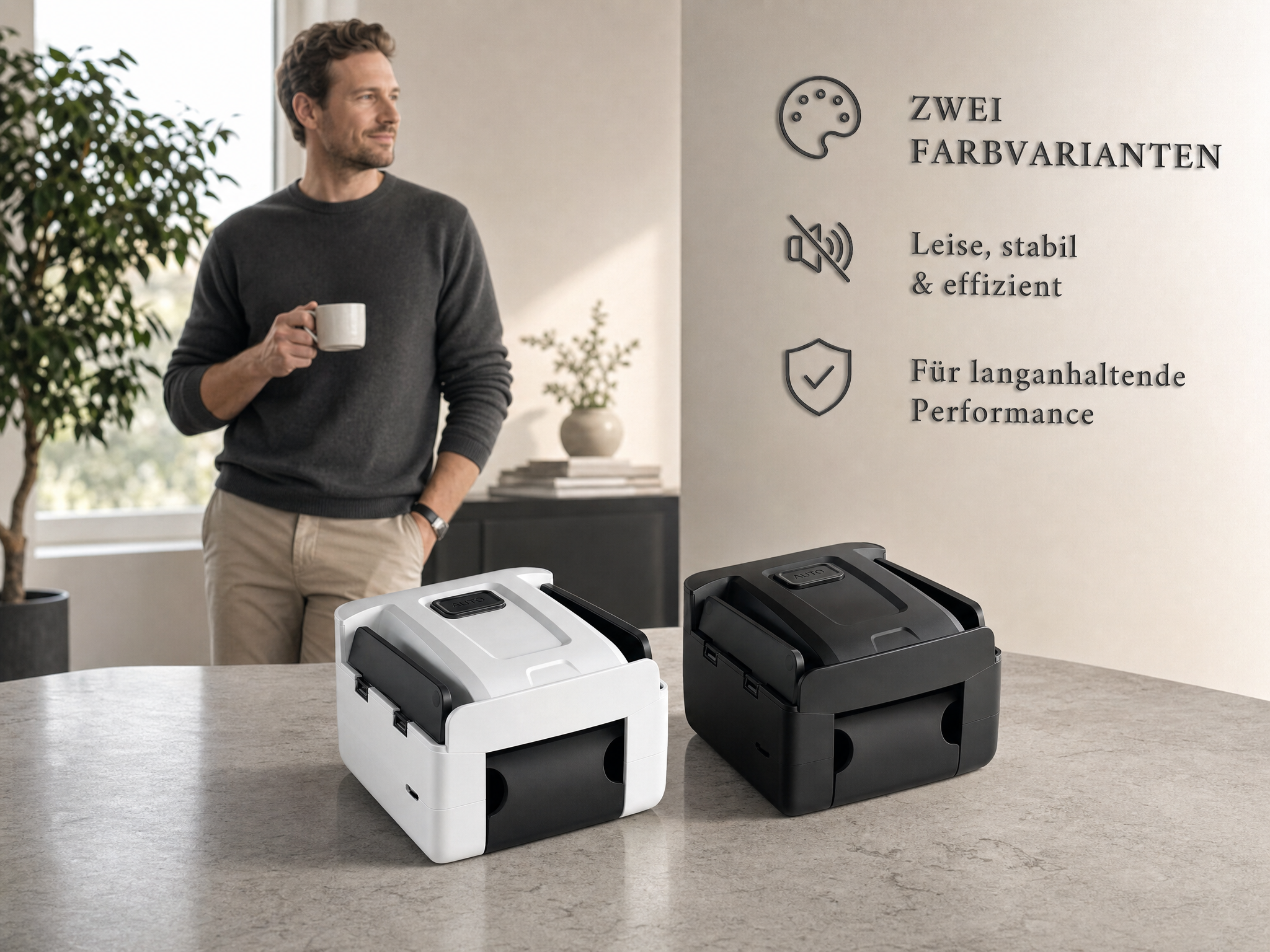 Ein Mann mit Kaffee blickt auf zwei Etikettendrucker auf dem Tisch, mit Text-Icons an der Wand.