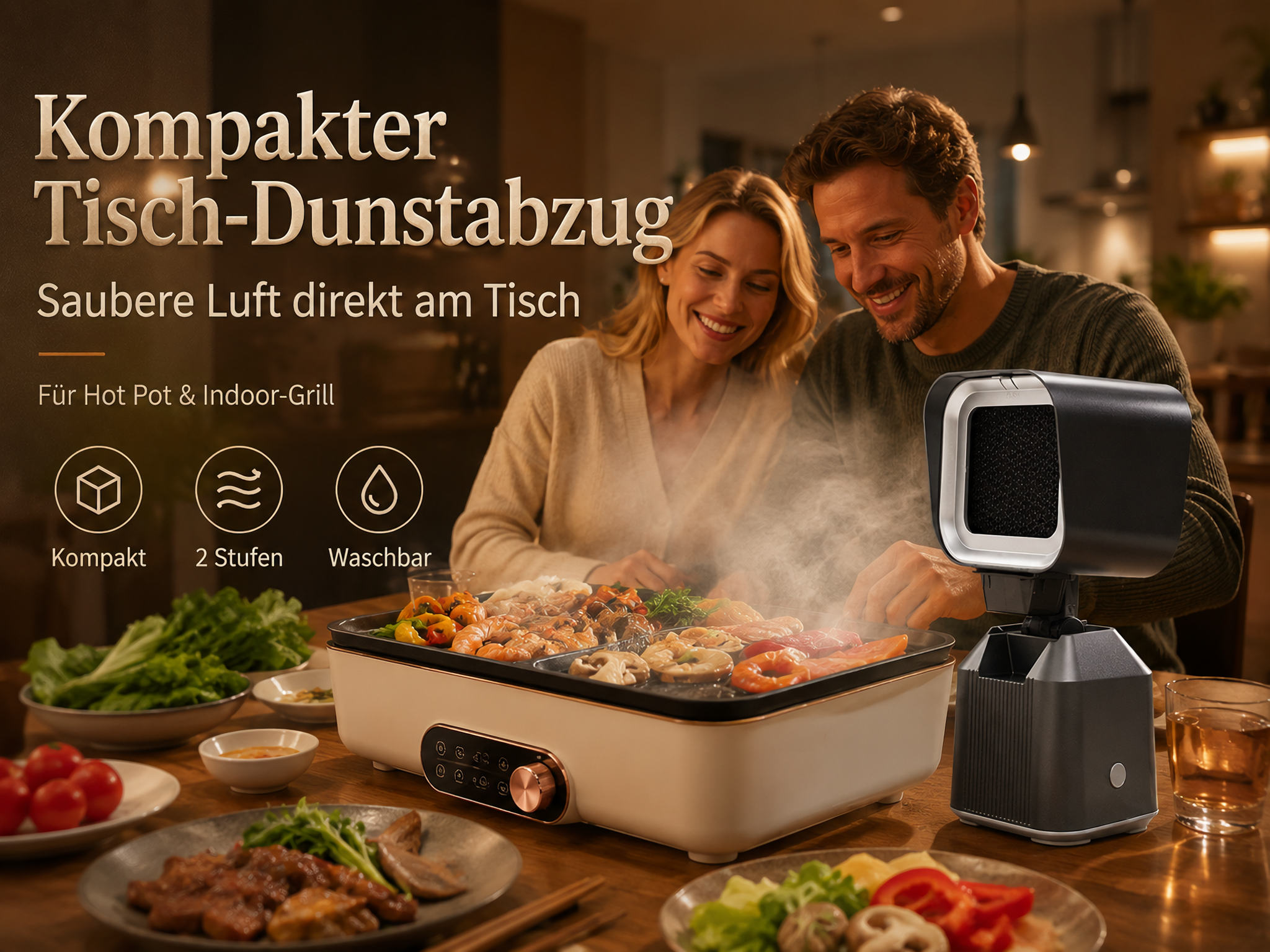 Ein Paar lächelt an einem Tisch, auf dem ein Tischgrill mit Dunstabzug und frischen Lebensmitteln steht.
