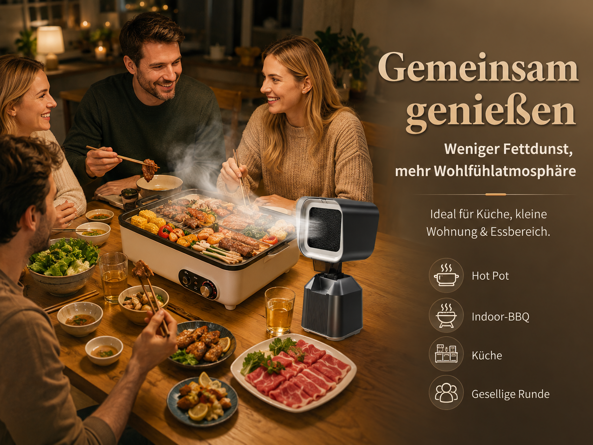 Freunde genießen ein Tischgrill-Essen mit einem kompakten Dunstabzug und deutschem Werbetext.