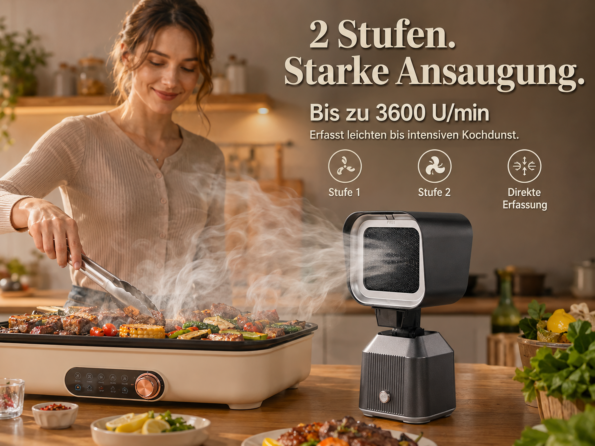 Eine Frau kocht am Tisch, während ein kleiner schwarzer Dunstabzug den Rauch absaugt, mit deutschem Text.