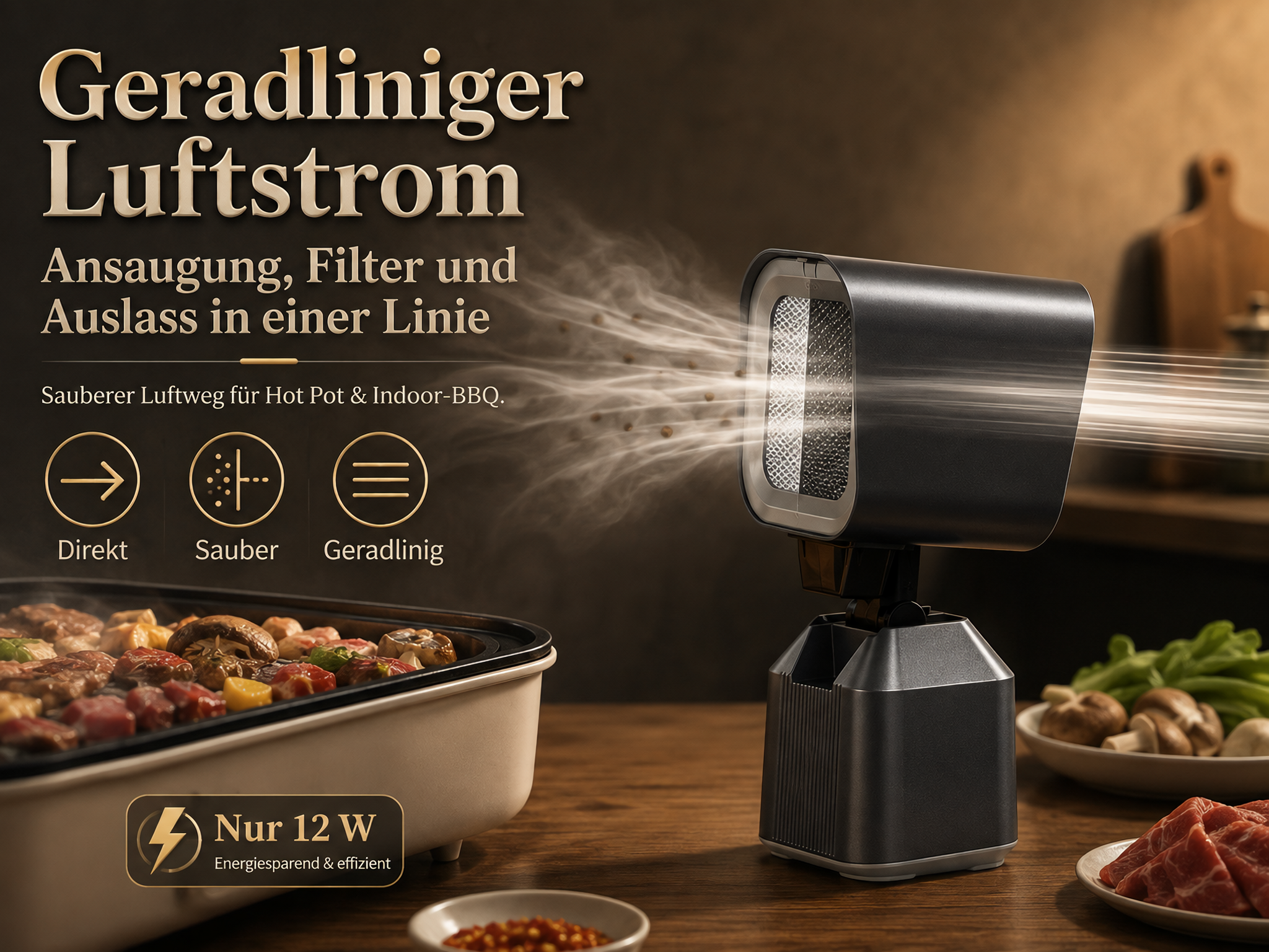 Ein graues Tischluftreinigungsgerät saugt Rauch von einem heißen Topf ab, mit Text und Symbolen im Hintergrund.