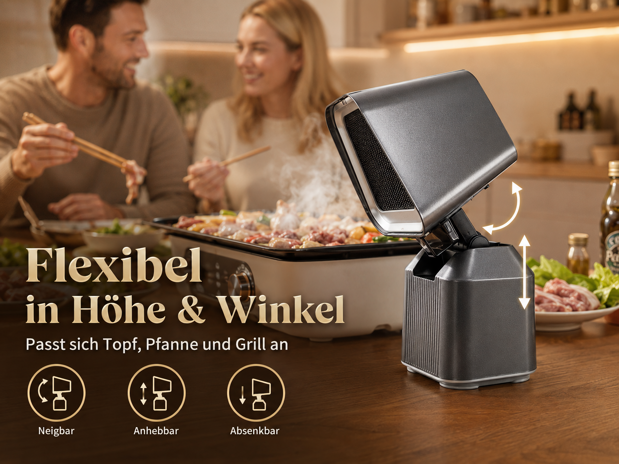 Ein moderner, verstellbarer Tischabzug auf einem Holztisch, mit einem kochenden Paar im verschwommenen Hintergrund.