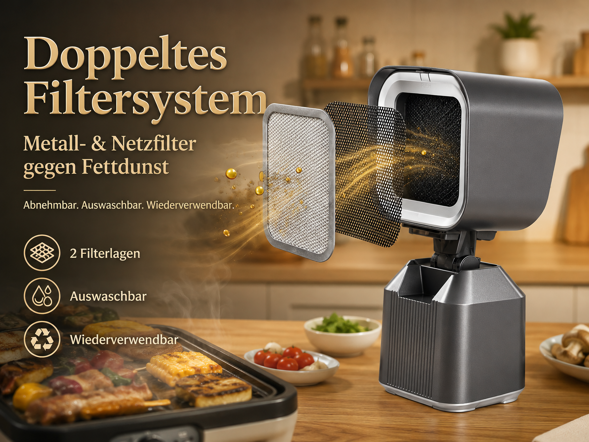 Grauer Dunstabzug mit abnehmbaren Filtern über einem Tischgrill mit Essen und deutschem Text.