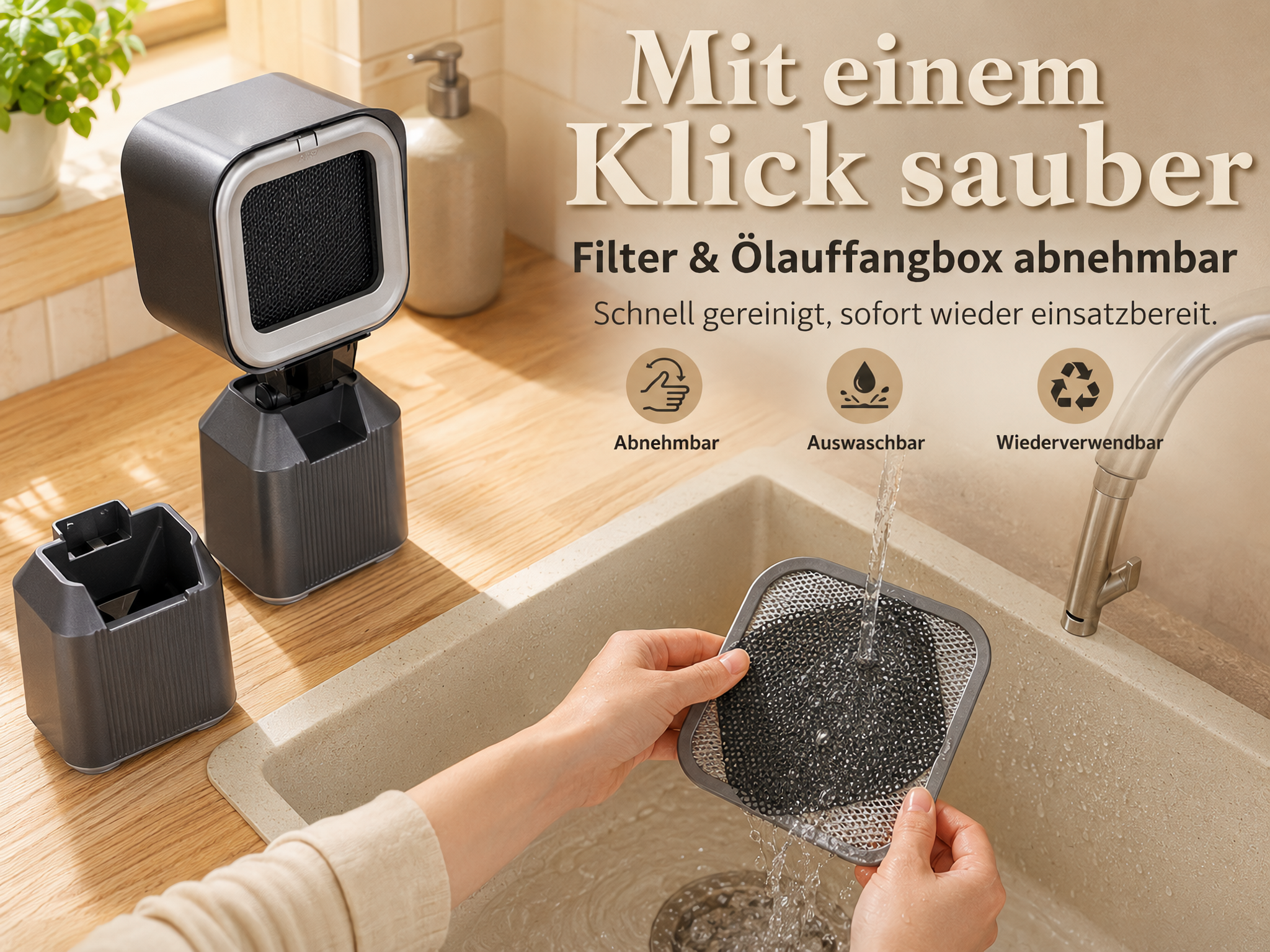 Hände waschen einen abnehmbaren Filter über einer Spüle neben einer grauen Dunstabzugshaube.