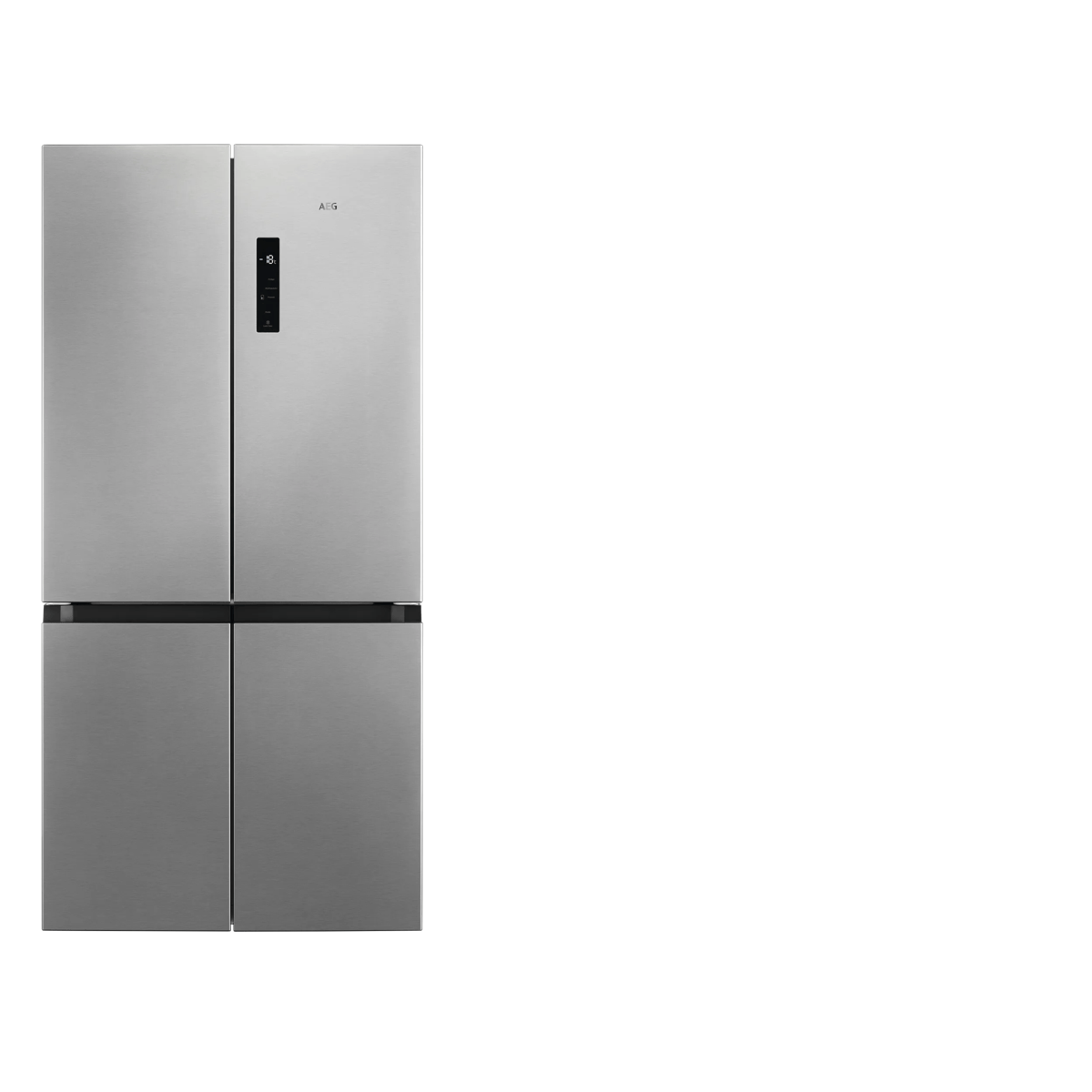 Ein silberner AEB-Vier-Tür-Kühlschrank auf weißem Hintergrund mit Digitaldisplay.