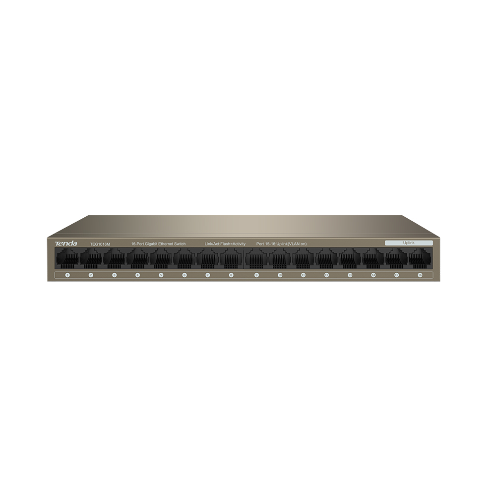 Vista frontal de un switch Ethernet Gigabit de 16 puertos Tenda gris con puertos etiquetados sobre fondo blanco.