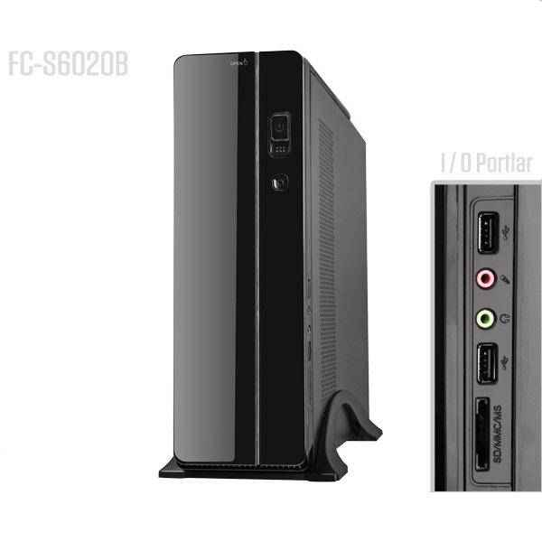 Dikey standlı siyah bilgisayar kasası ve yan I/O bağlantı noktalarının yakından görünümü.