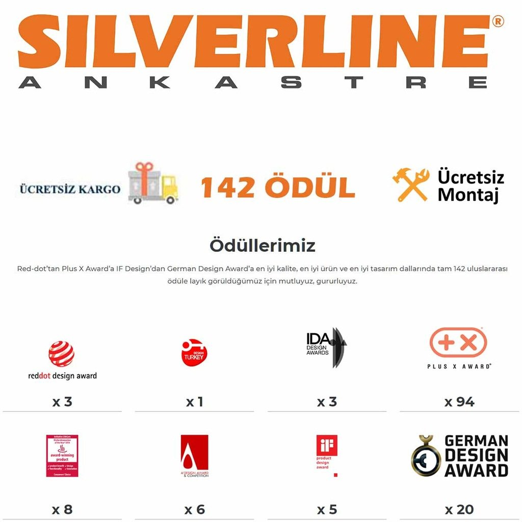 Ücretsiz kargo, 142 ödül, ücretsiz montaj simgeleri ve çeşitli tasarım ödülleriyle Silverline Ankastre logosu.
