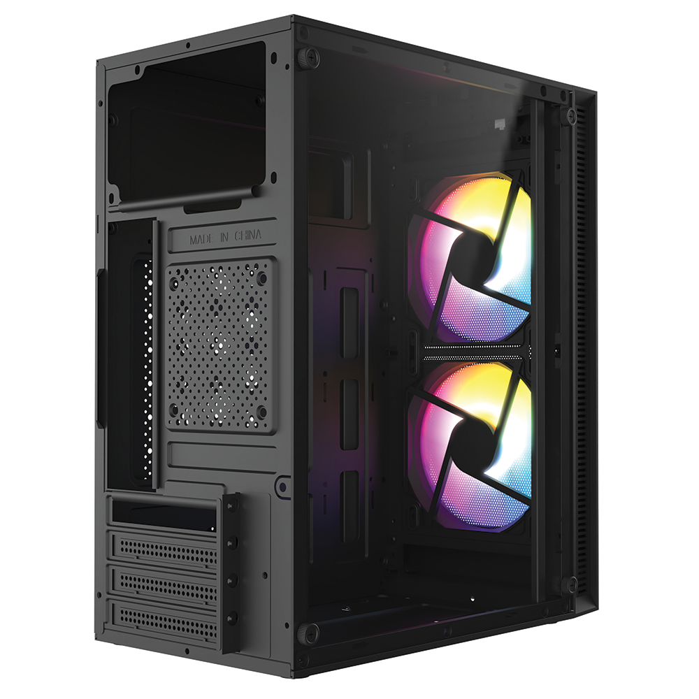 İki parlayan RGB fanlı ve cam yan panelli siyah bir bilgisayar kasası.