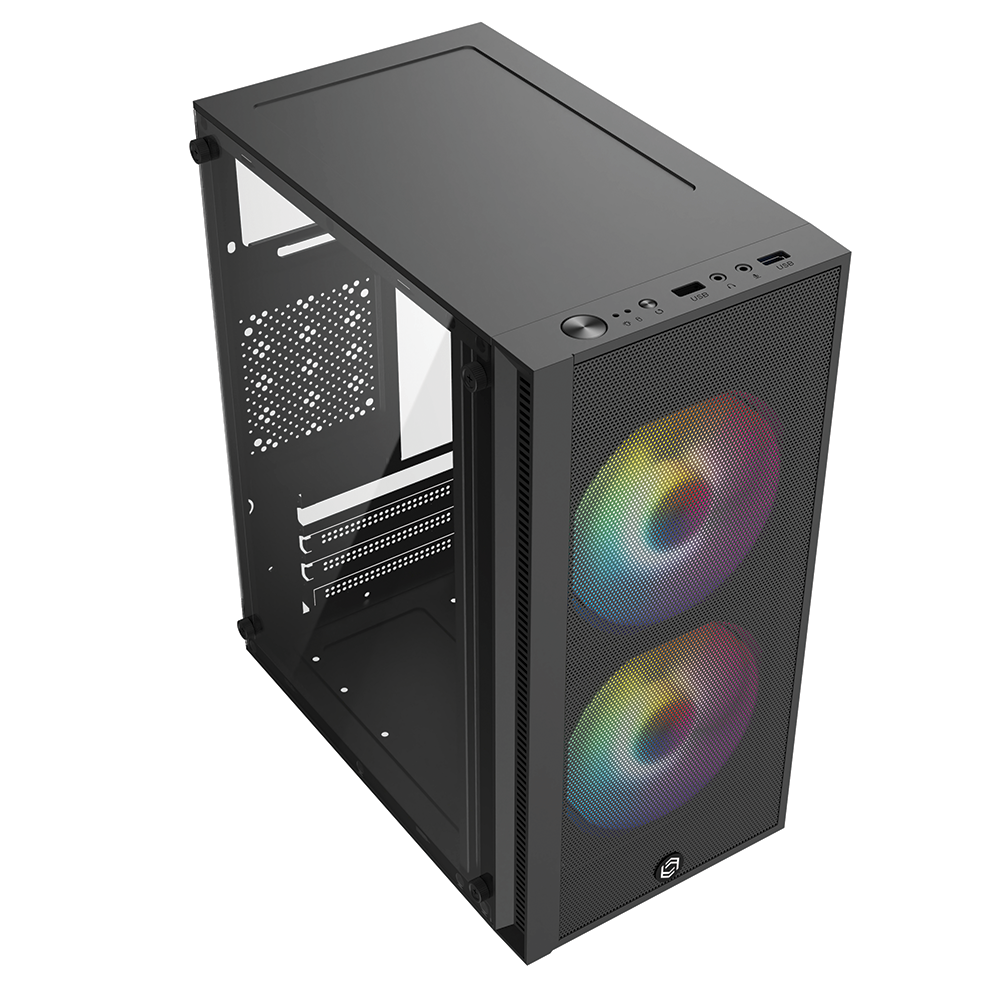 Önü ızgaralı, iki RGB fanlı ve cam yan panelli siyah bilgisayar kasası.