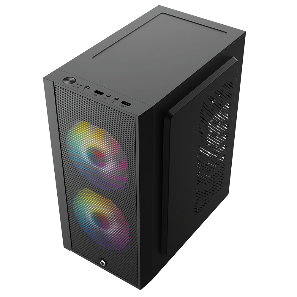 Ön panelinde file bulunan ve iki aydınlatmalı RGB fana sahip siyah PC kasası.