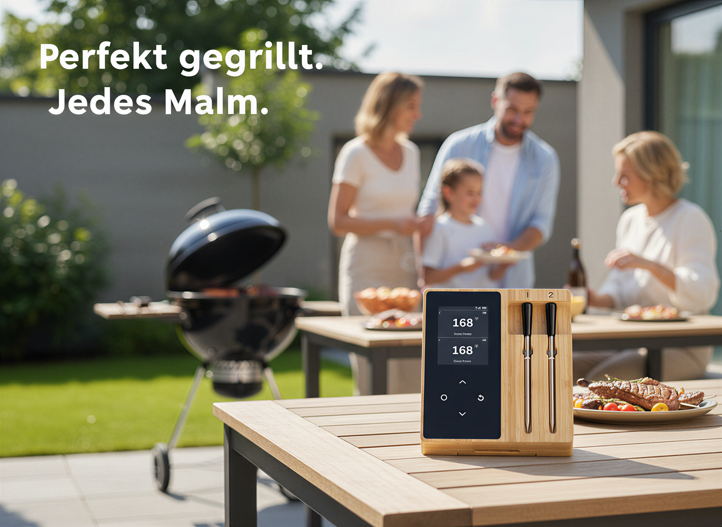 Ein digitaler Fleischthermometer-Block auf einem Gartentisch, im Hintergrund grillt eine Familie im Garten.