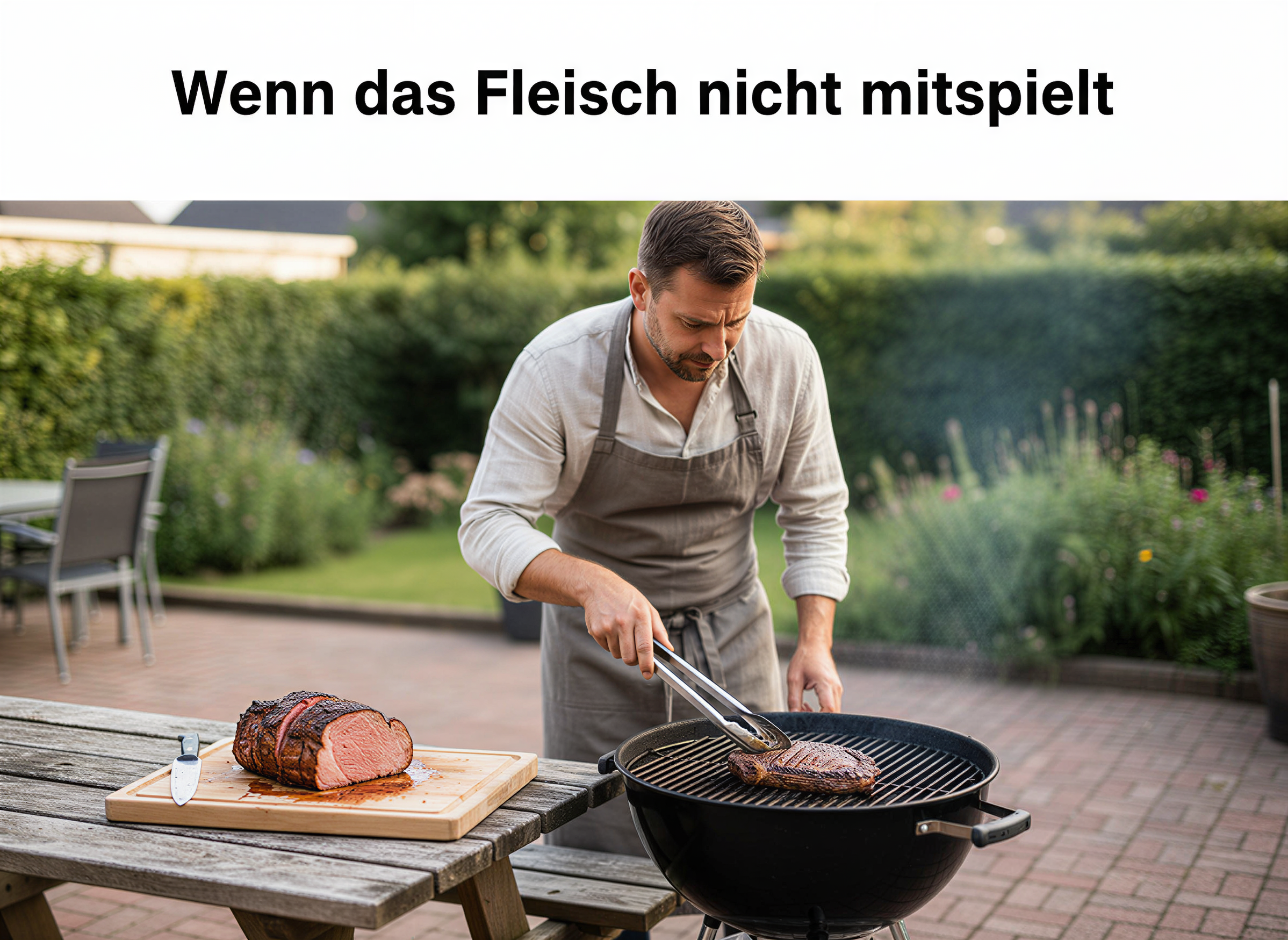 Ein Mann grillt Fleisch im Garten, während ein Text auf dem Bild steht.