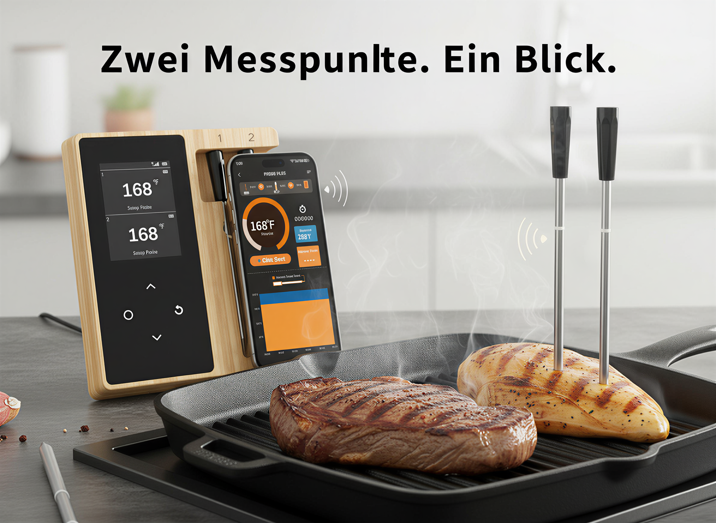 Ein kabelloses Fleischthermometer und Smartphone zeigen Temperaturen für Fleisch in der Pfanne.