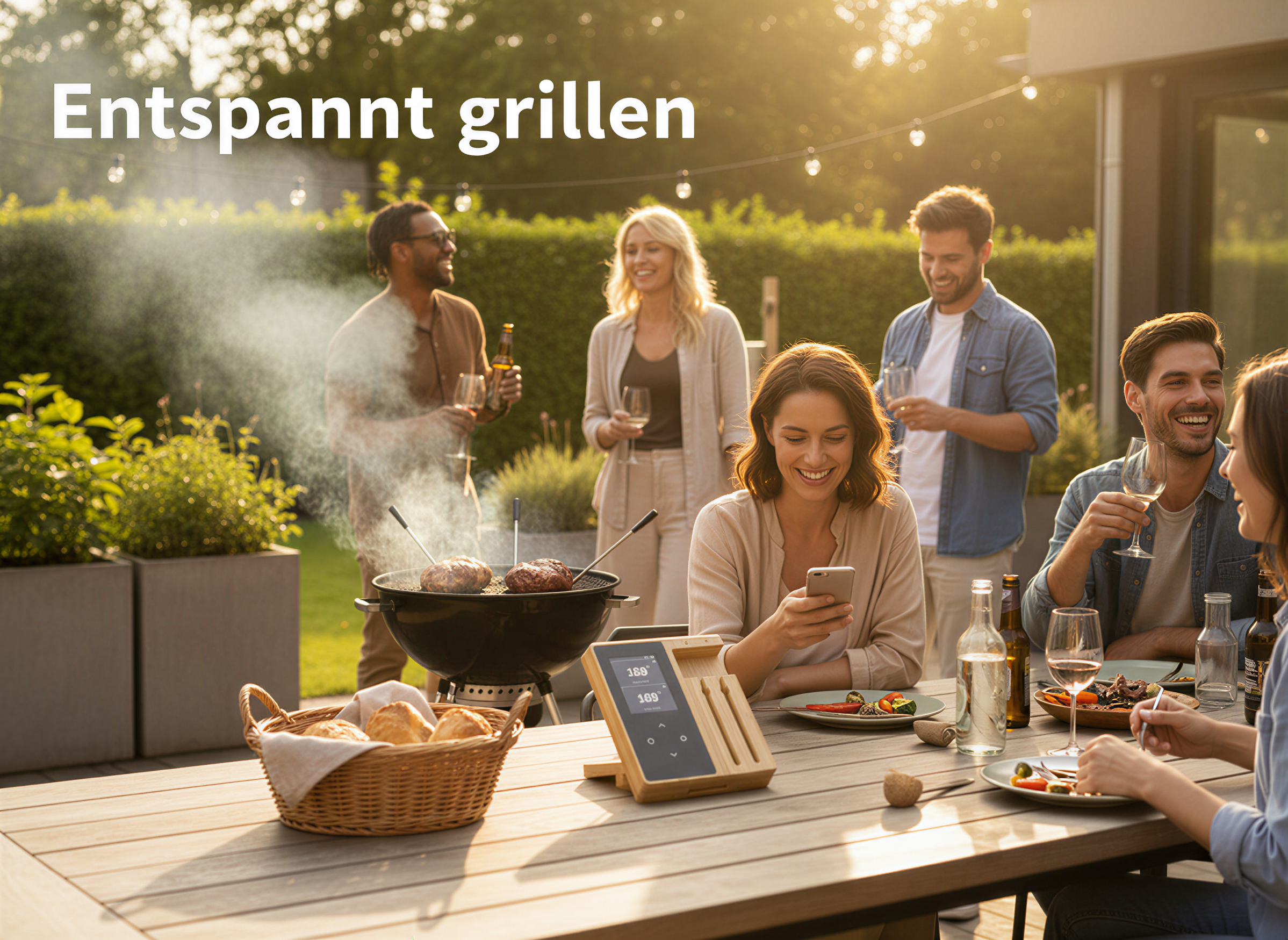 Freunde feiern beim Grillen im Garten mit Text Entspannt grillen.