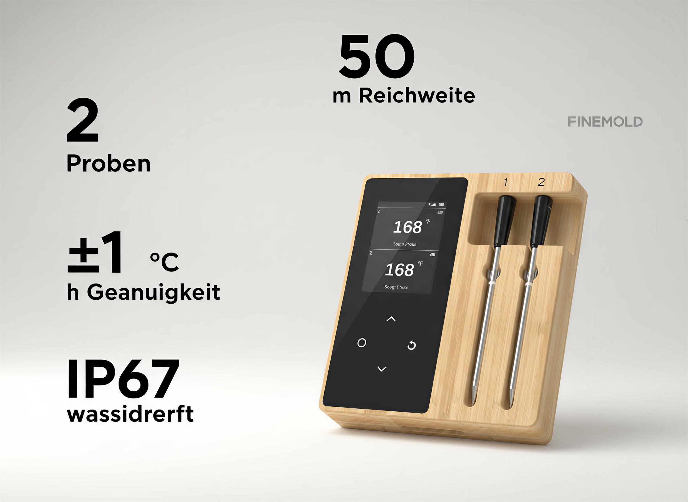 Holz-Grillthermometer mit zwei Sonden und digitalem Display, umgeben von Werbetext auf hellem Grund.