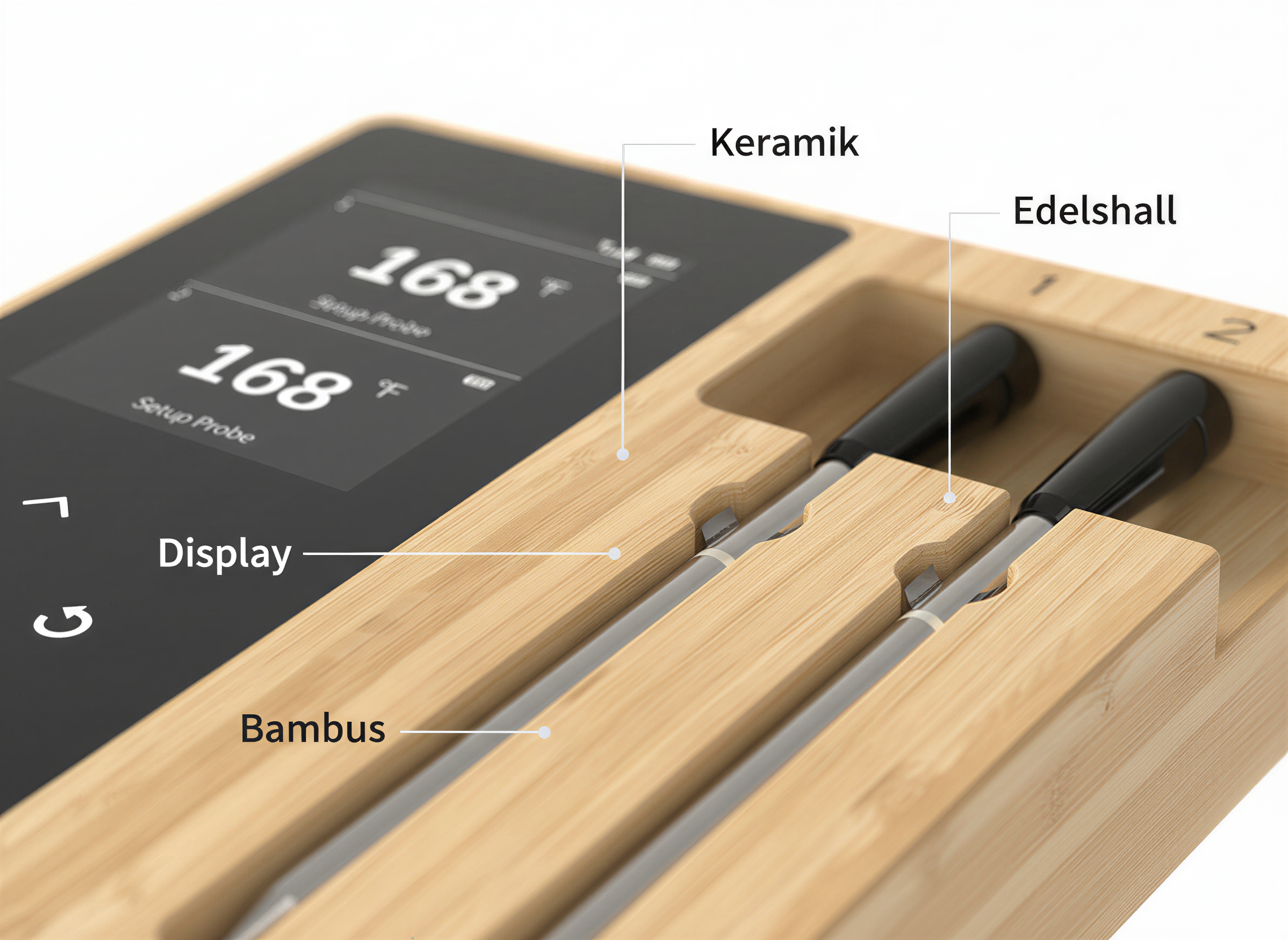 Holzbasis mit Display und zwei Messsonden, beschriftet mit Keramik, Edelshall, Display und Bambus.