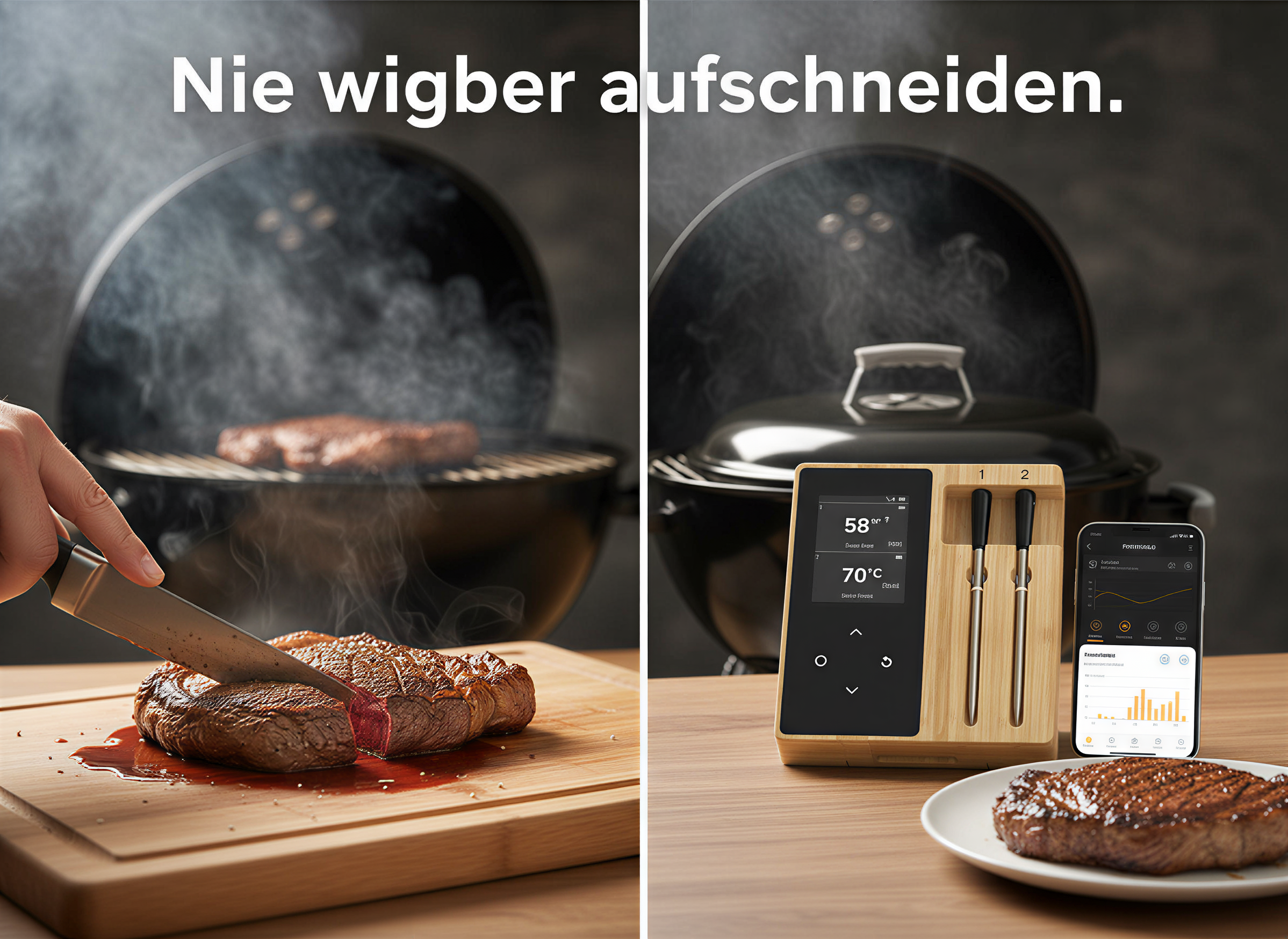 Vergleich von Fleisch schneiden und digitalem Grillthermometer mit Smartphone-App.