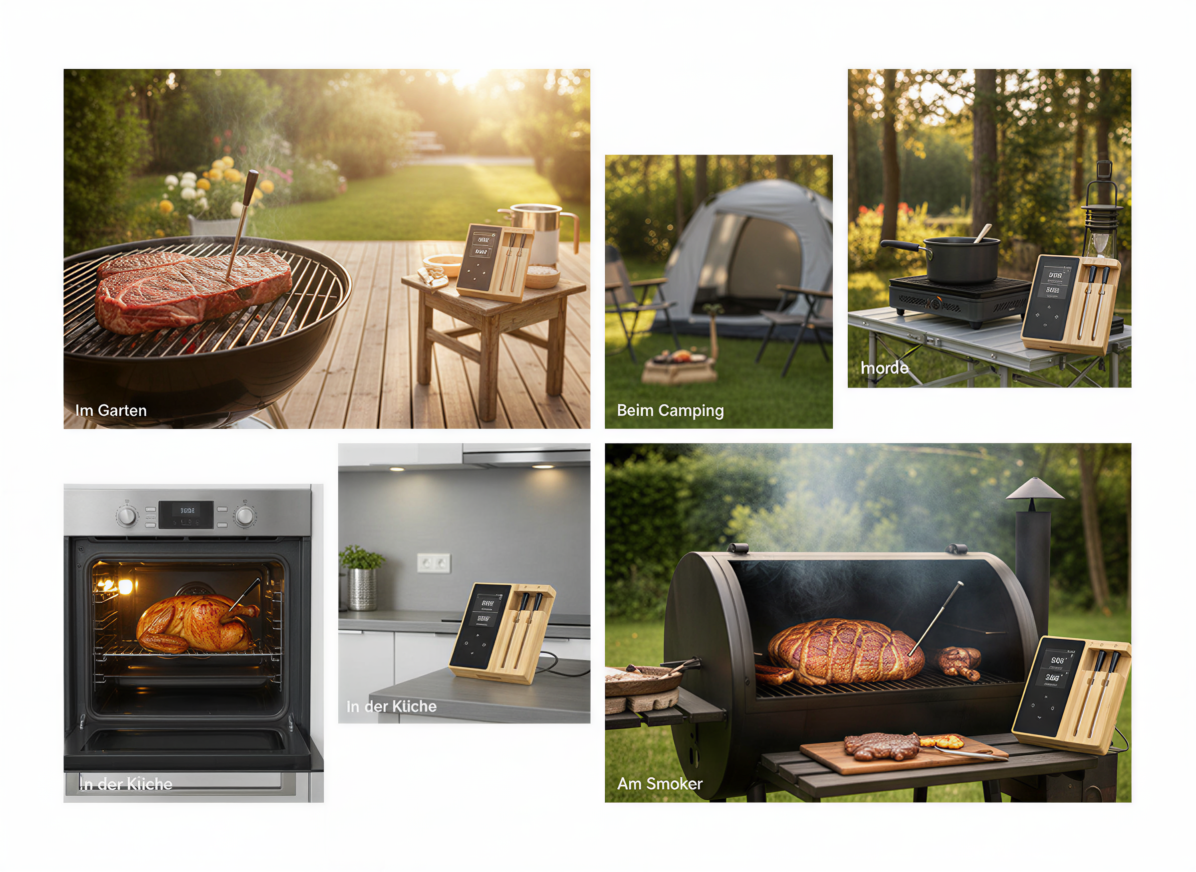 Verschiedene Szenen mit Fleischthermometern beim Grillen im Garten, Camping, Kochen in der Küche und am Smoker.
