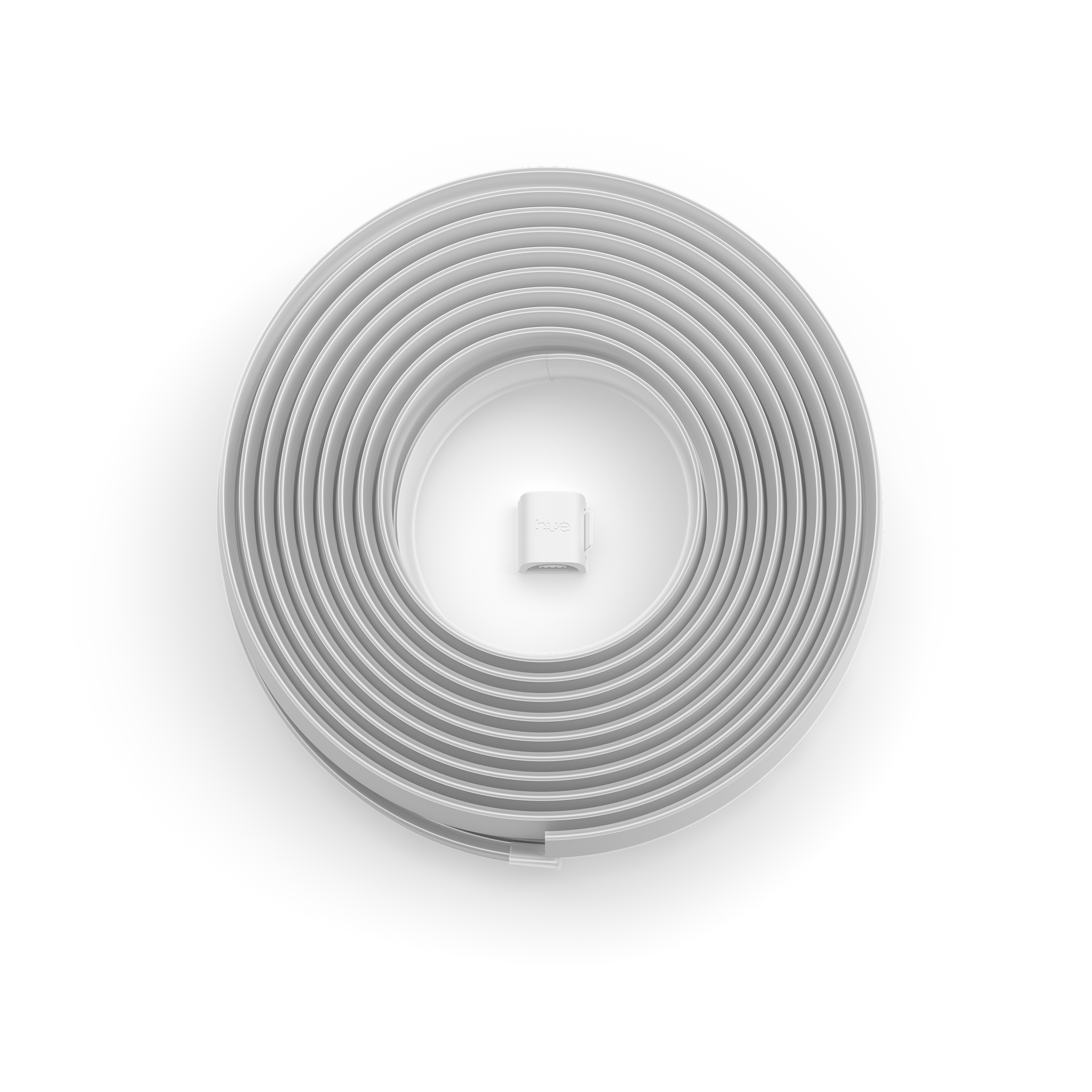 Una striscia luminosa Philips Hue bianca avvolta circolarmente con un piccolo connettore al centro su sfondo bianco.