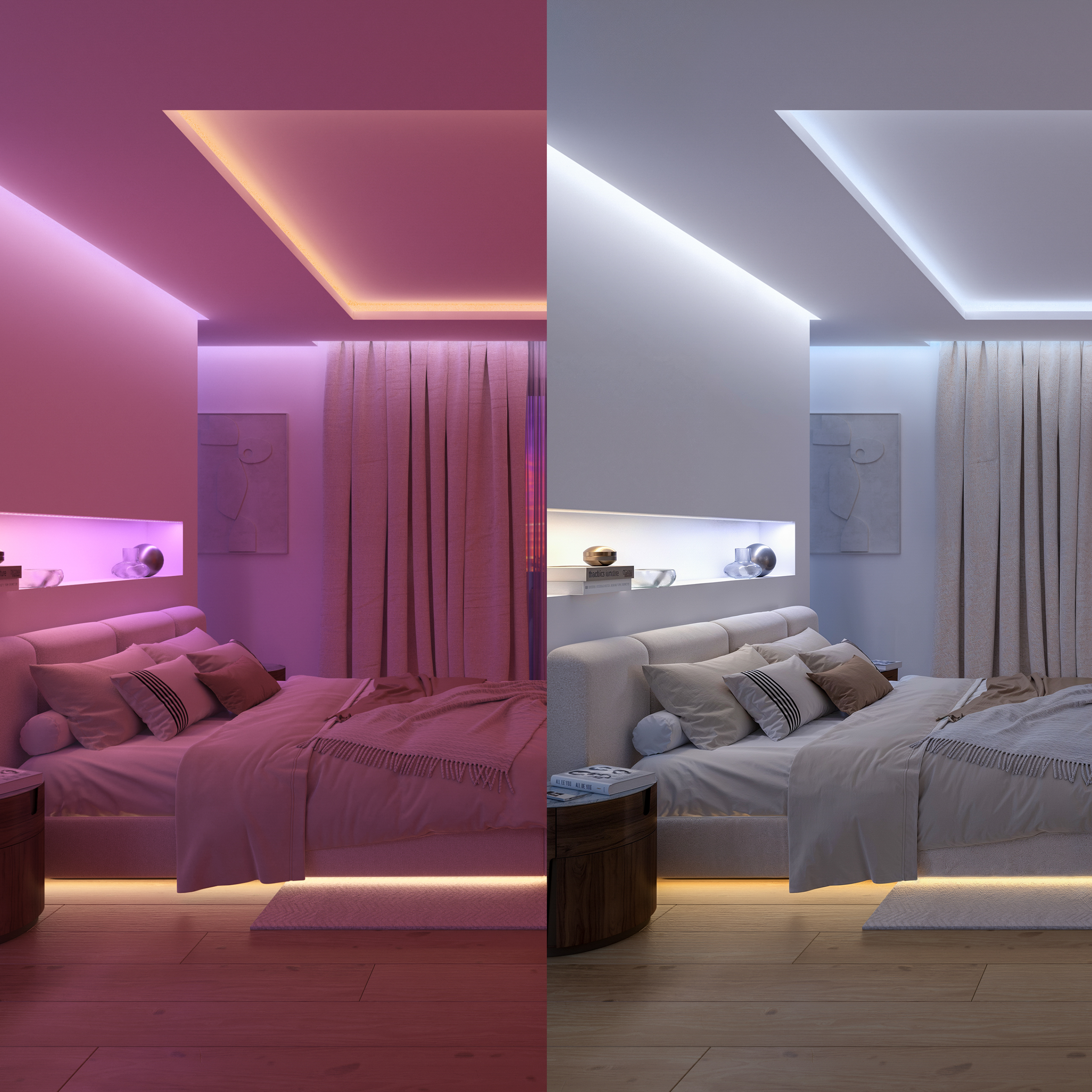 Confronto di una camera da letto moderna con luce rosa calda a sinistra e luce bianca brillante a destra.