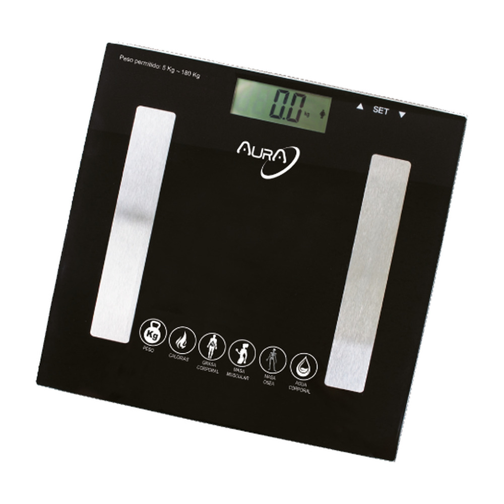 Una báscula de grasa corporal digital negra con electrodos plateados y pantalla iluminada.