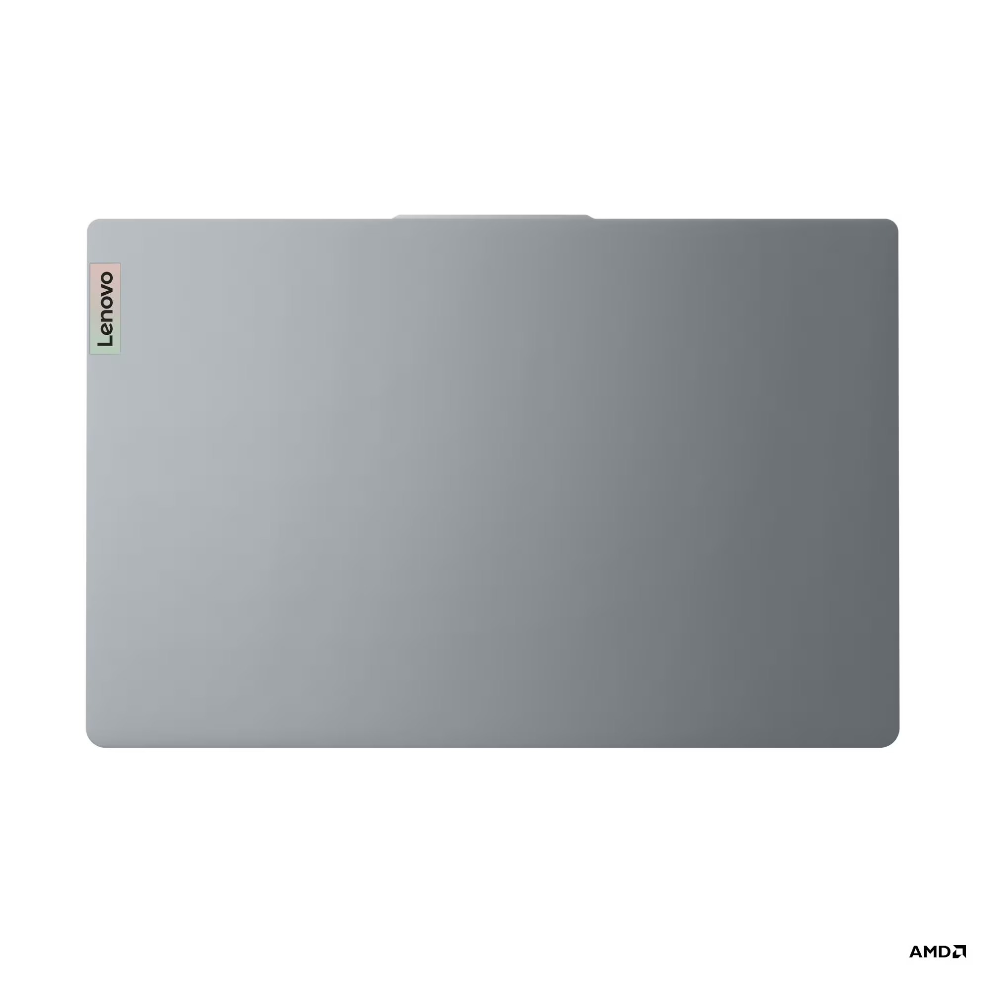 Beyaz arka plan önünde sol tarafında Lenovo logosu bulunan kapalı gümüş renkli Lenovo dizüstü bilgisayar.