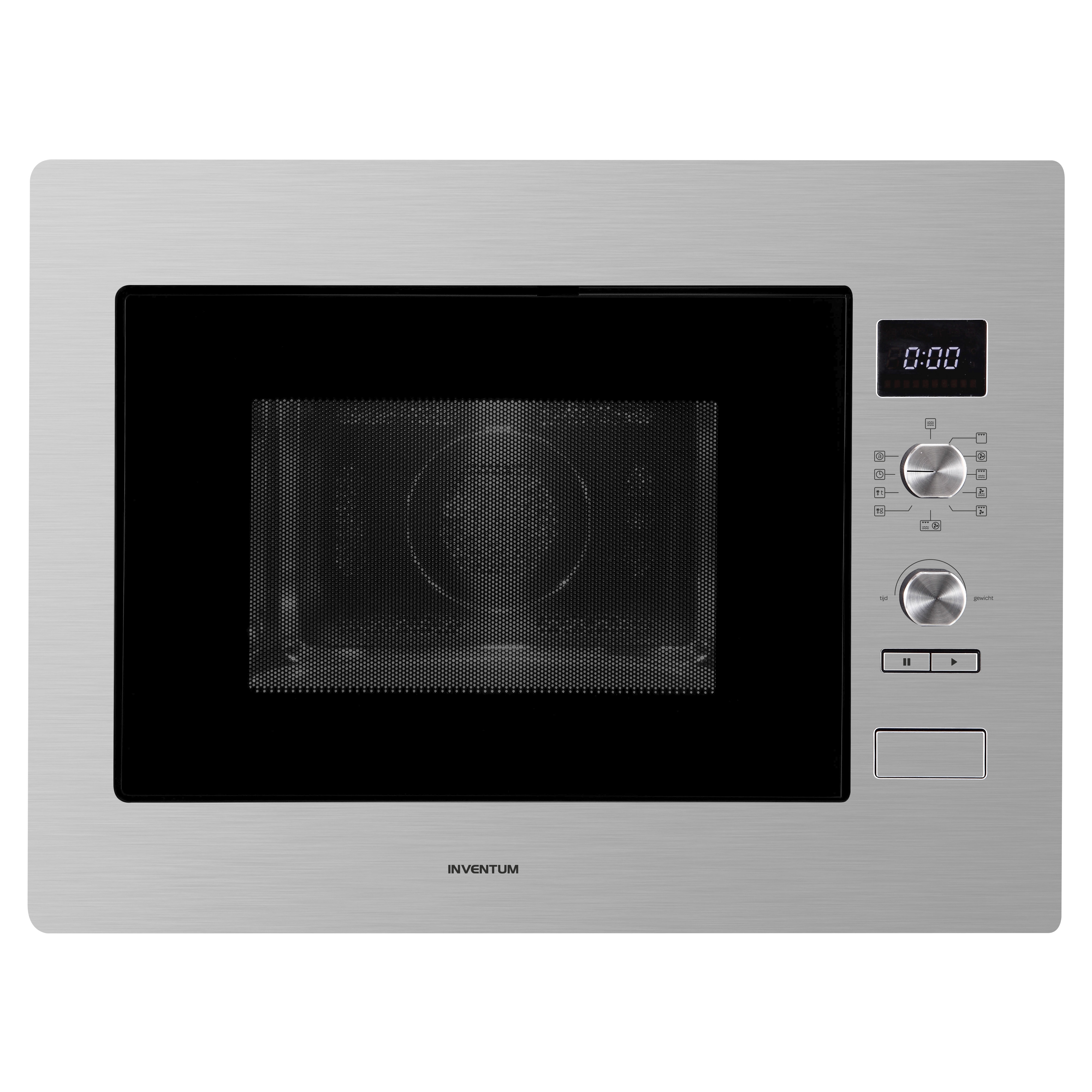 Silver built-in microwave with digital display, rotary knobs, and a black viewing window on a stainless steel front.