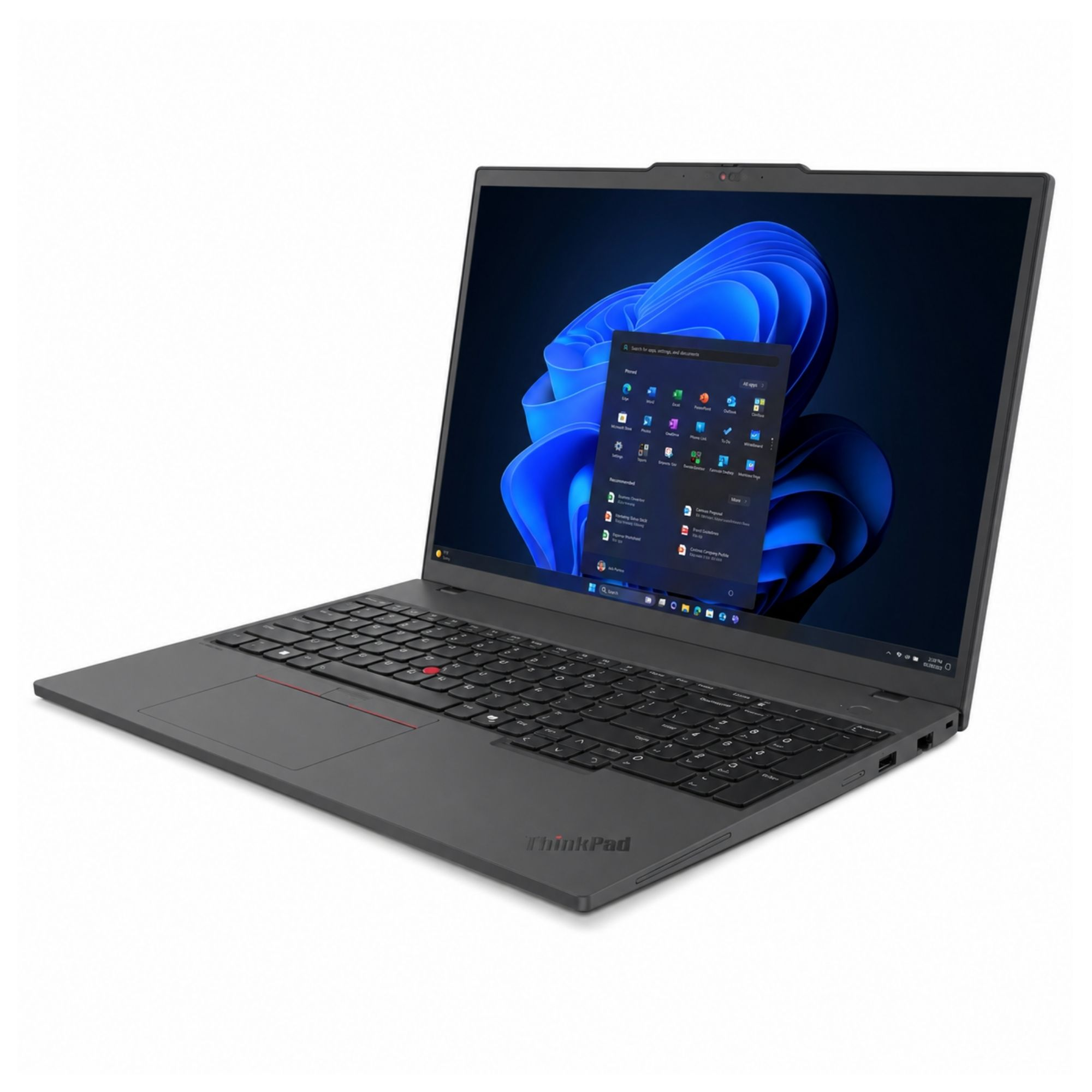 Açık siyah bir ThinkPad dizüstü bilgisayar, mavi soyut duvar kağıdı ve başlangıç menüsünü gösterir.
