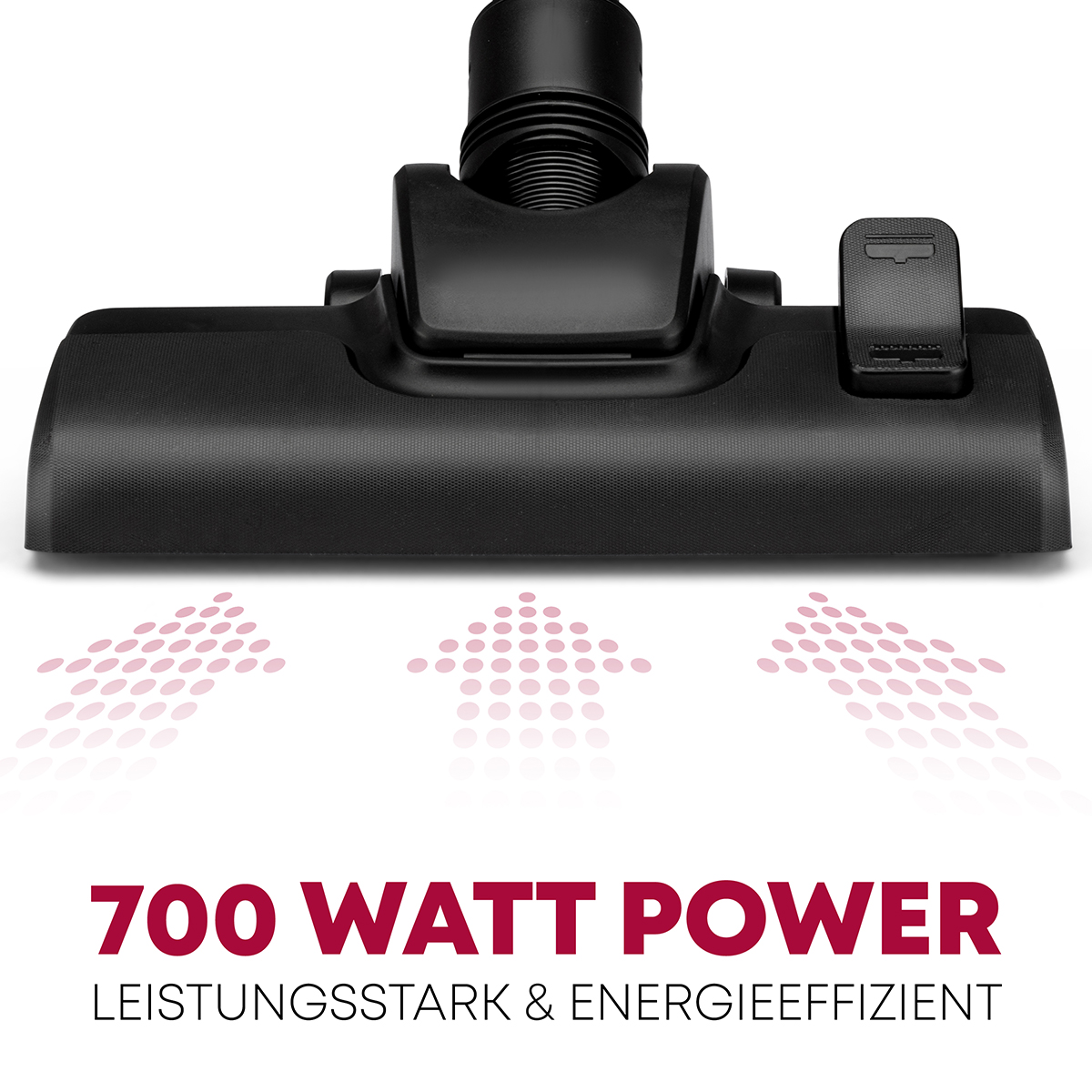 Czarna ssawka do odkurzacza z różowymi strzałkami w górę i napisem 700 WATT POWER.