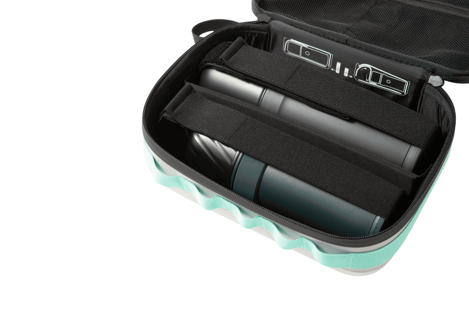 Offene graue und mintgrüne Tasche, die zwei Röhren mit schwarzen Riemen im Innenraum sicher hält.