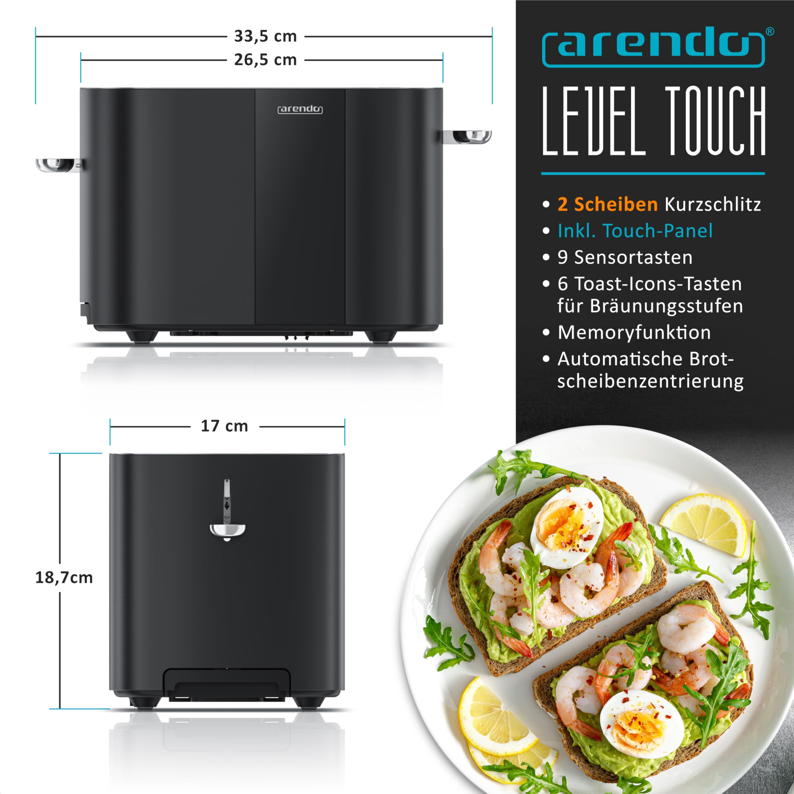 Tapane nero Arendo Level Touch con dimensioni, funzioni e due toast di avocado con gamberi e uova.
