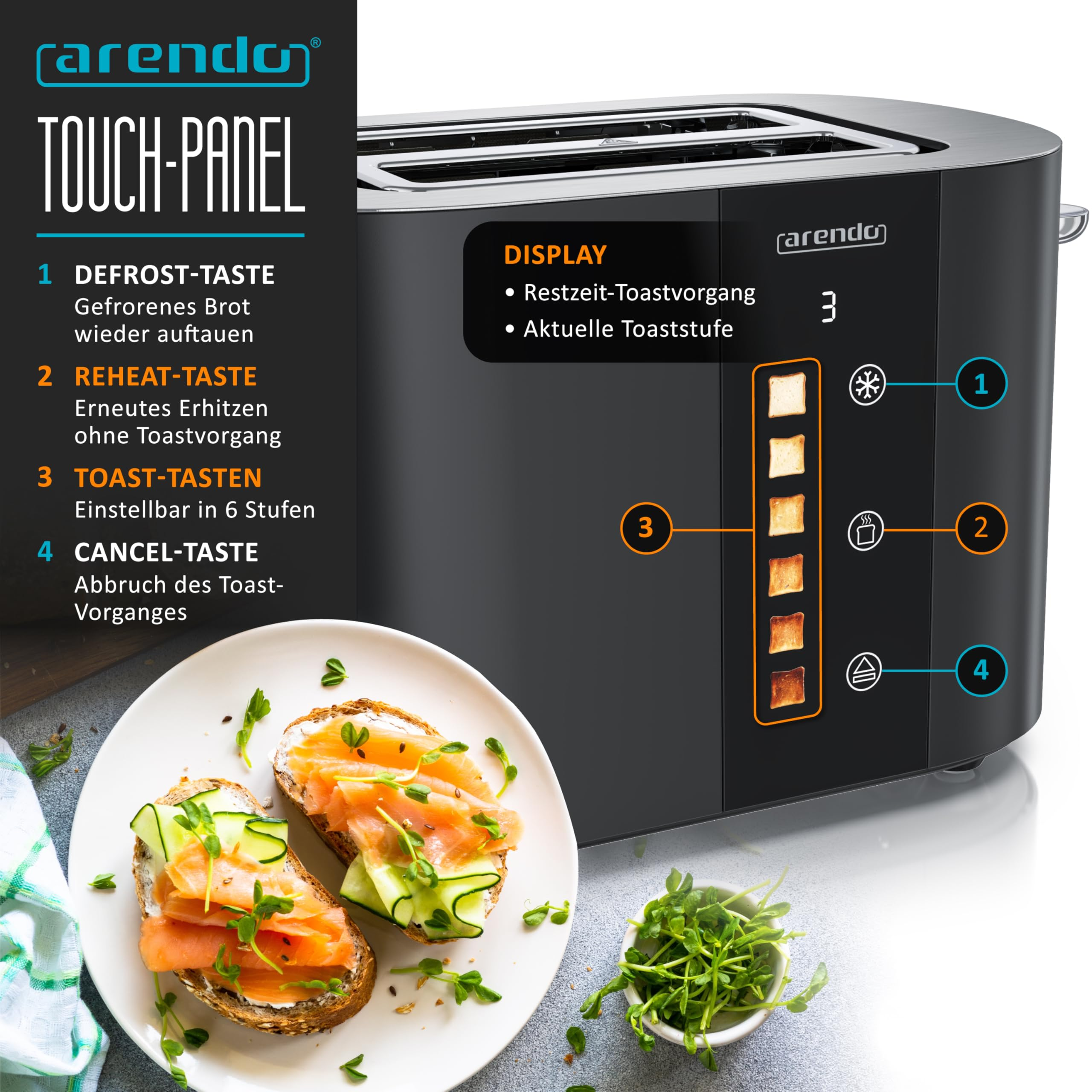 Tapane nero con pannello touch e display del livello di doratura. Due tartine al salmone su un piatto.